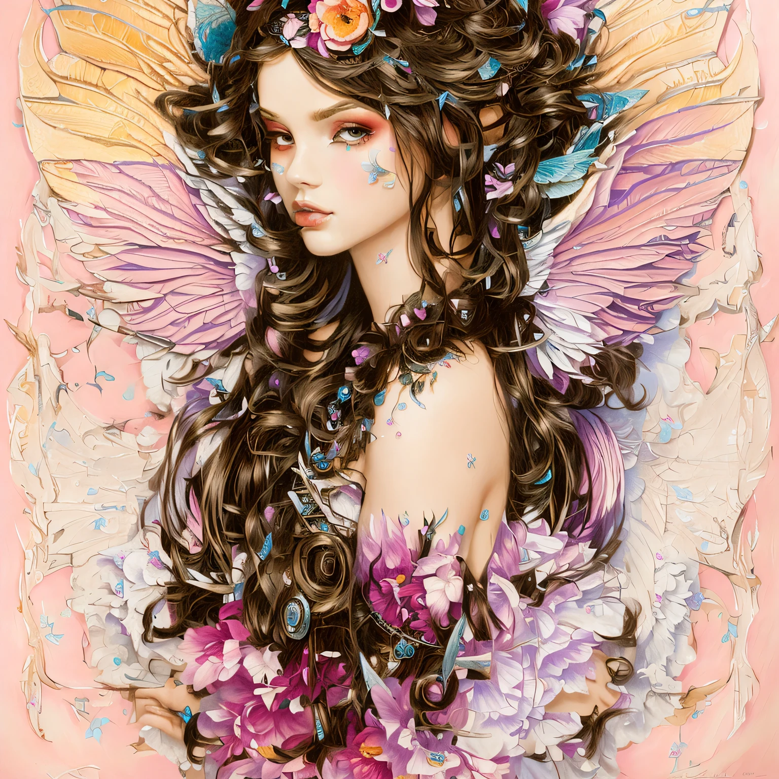 Bright colors、painting of a woman with wings and flowers in her hair, goddess. very detailed, fairy portrait, anna dittman, Detailed matte fantasy portrait, Portrait of a beautiful angel, beautiful fantastic portrait, A beautifully detailed fantasy, fairy portrait, fairy portrait woman, detailed fantasy digital art, beautiful fantasy art portrait, beautiful angel girl portrait