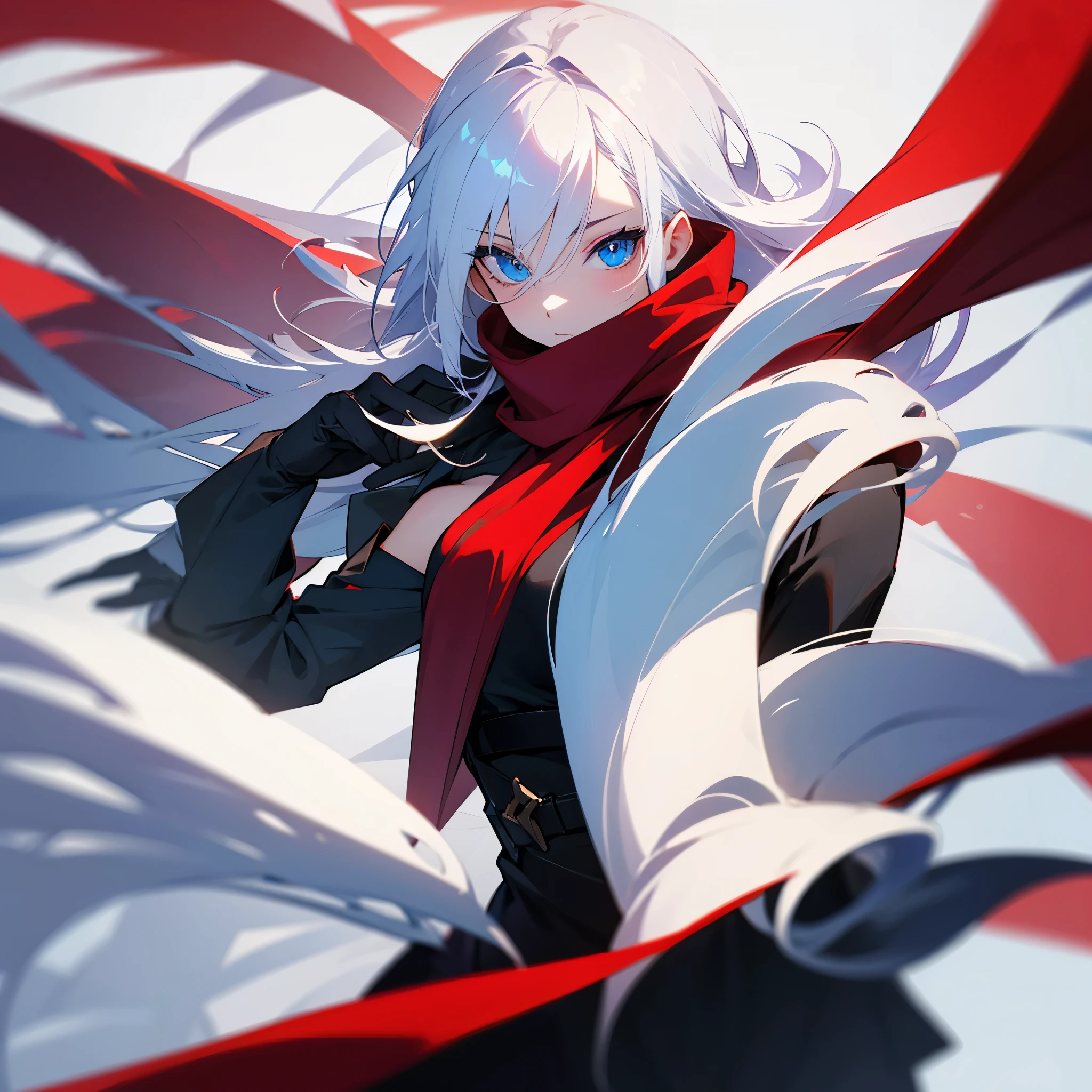 woman with white hair, blue eyes, black dress, red scarf