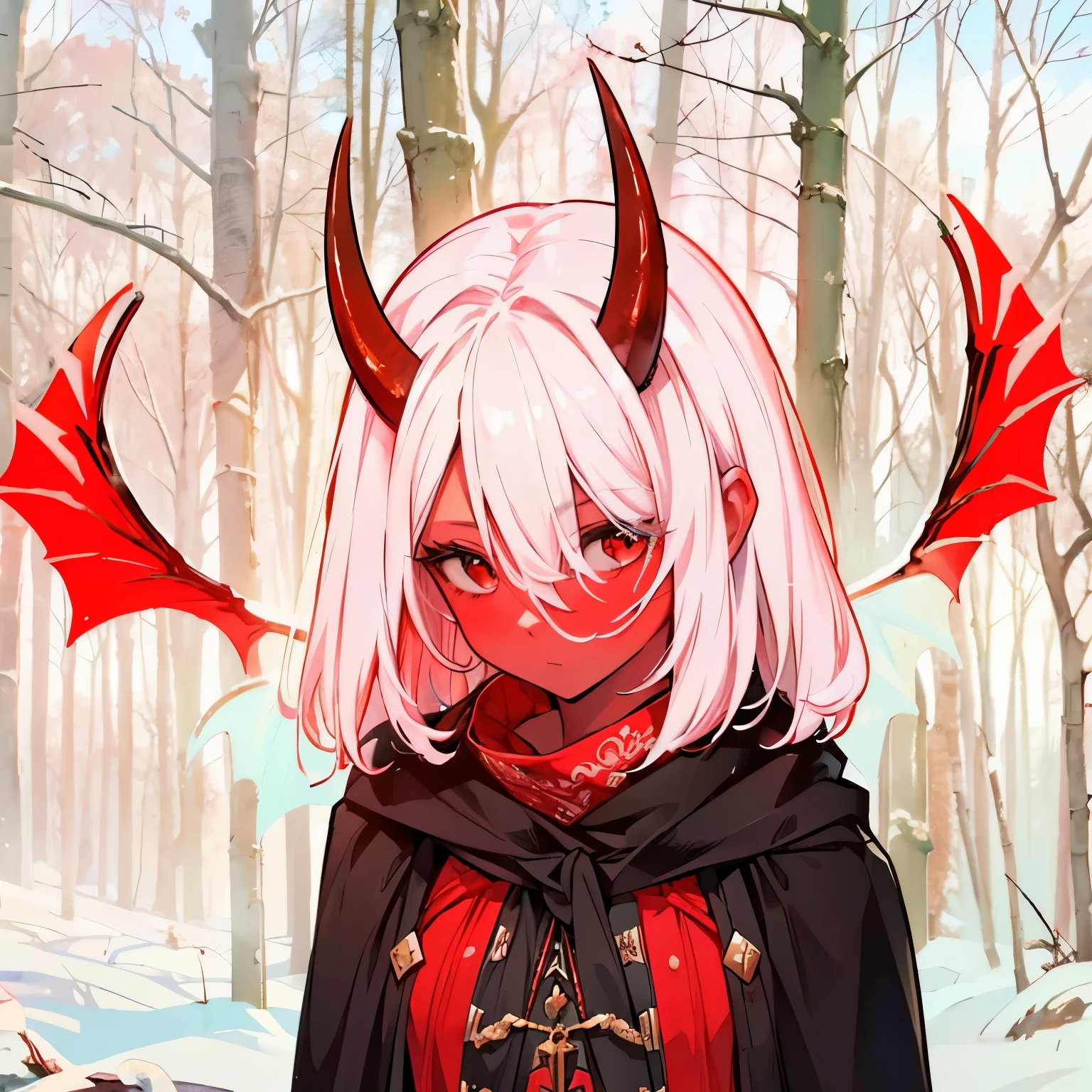 8K, 4K, Best Quality, High resolution: 1.2), (Masteristic, Realistic, Photoreal: 1.4), One Woman, smal size, dragongirl, Beautiful face, red wings, black cloak, in the forest, Shining Lipin Eyes, Beholder, Fair skin, Wred skin: 1.5), white hair,、Horns grow from the head, red skin, red horns, red dragon tail, red wings