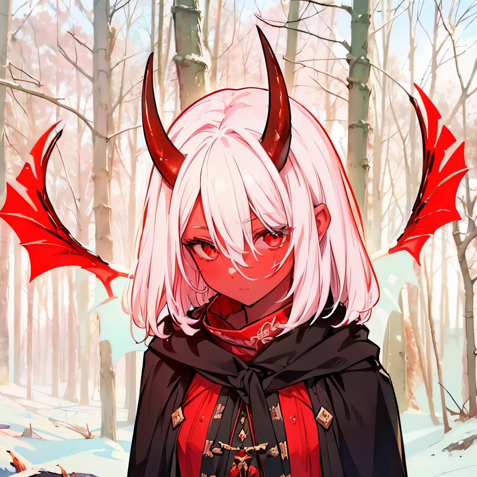 8K, 4K, Best Quality, High resolution: 1.2), (Masteristic, Realistic, Photoreal: 1.4), One Woman, smal size, dragongirl, Beautiful face, red wings, black cloak, in the forest, Shining Lipin Eyes, Beholder, Fair skin, Wred skin: 1.5), white hair,、Horns grow from the head, red skin, red horns, red dragon tail, red wings