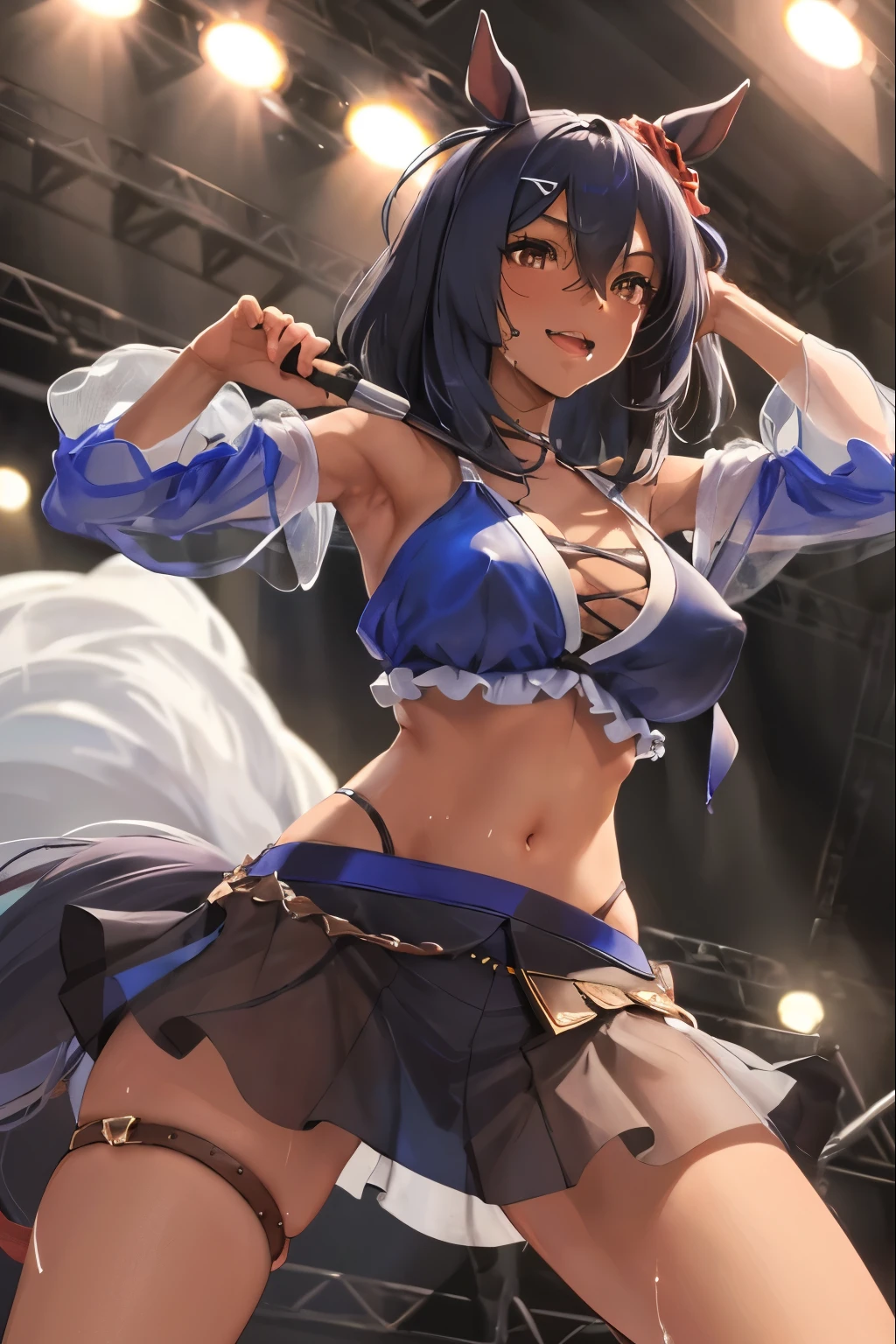 sexy dance show,sexy pose,hishi amazon \(umamusume\),dark skin,good anatomy, masterpiece, best quality,realistic, hyperrealistic, 16k hdr,Smile,(Live Stage),(see through costume:1.2),Stage costumes,Horse tail,sing a song,ultra miniskirt,navel,micro panties,clearvage,erected nipples,sweat,from below,large breasts,spread legs,