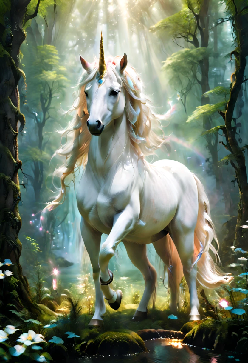 畫面中一匹駿美unicorn守候在山腳下、Deep in the forest or by the lake.Next to me are my beautiful friends sleeping soundly in the forest,Densely wooded、Verdant meadows、rolling mountains or sparkling lakes。 Very magical and dreamy, Beautiful images ever created, very beautiful photos, extremely beautiful and ethereal, white unicorn, beautiful fantasy, Fantasy Beauty, beautiful fairy, very beautiful fantasy art, beautiful depiction, unicorns, magical and mysterious, mysterious creature, Ethereal fairy tale, unicorn, beautiful fantasy art, ethereal fantasy