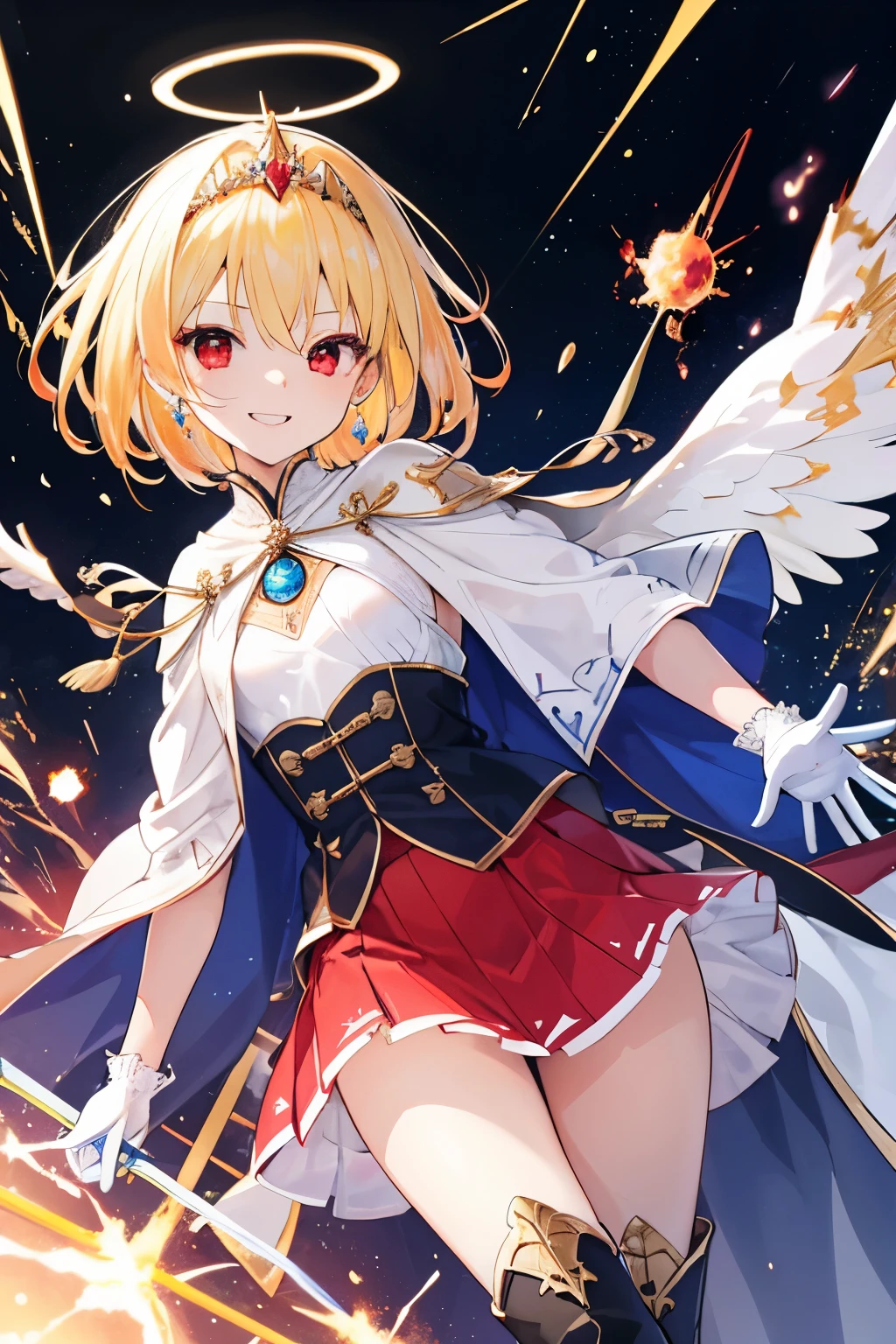 (((1girl))), ((best quality)), ((masterpiece)), ((ultra-detailed)), (illustration), (detailed light), (an extremely delicate and beautiful), (beautiful detailed eyes), (sunlight), ((extremely light)), ((extremely clothes)), (((hyper detail))),(((((front lighting))))),(((((front light))))),
((((quite adorable and sexy Wizard's robe with a blous, vest and a brief skirt and magical hairband))), (((Expert Wizard))),
,
(((wavy short manish bob))), ((((yellow gold hair)))), (((short hair))),
(((deep red eyes))),
((((whole body)))), aged 14 to 16, ((((())))), ((((very adorable young girl)))),
((condescending expression)), ((mischievous smile with sexual satisfaction)), (((extra adorable))), (((((extra slender shape))))),
(((((extremely beautiful detailed face))))),
(((dynamically and bravely standing and attacking enemies by a spell of dancing swords))), (((elegant magic boots))), (((surrounded by vast swords))),
(Dutch angle), (((elegant magic gloves))), ((transparent magical underskirt)), a little bit exposed adorable magical panties