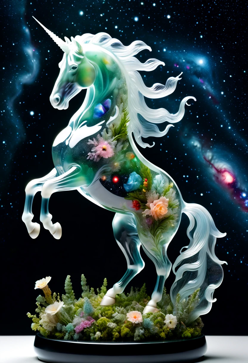 Complex clear crystal interstellar nebula [unicorn] made up of galaxies, flora and fauna, Surreal, Super detailed, elegant, beautiful, 1 tail