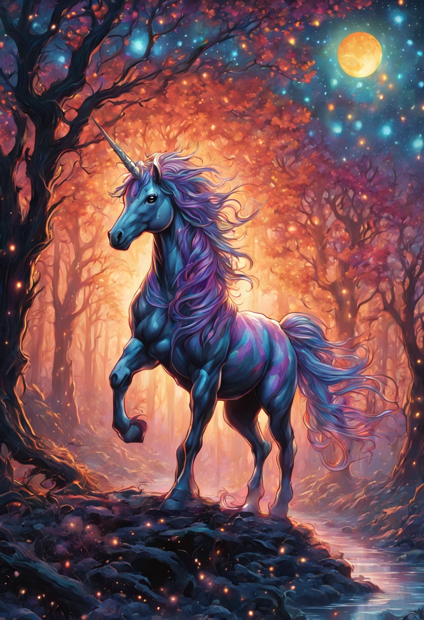 High Gothic Highly Detailed Multicolored (Fantasy Unicorn:1.5) under a Bright Starry Night Mark Brooks and Dan Mumford, comic book art, perfect, smooth