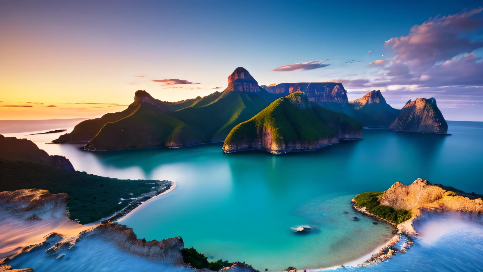photo realistic, high resolution, 24K resolution, perfect face, best quality ,masterpiece, illustration, an extremely delicate and beautiful, extremely detailed ,CG ,unity ,24k wallpaper, absurdness, huge file size, very wide shot, soft lighting, contre_jour, photo by Fujifilm X-T3, --AR 16:9: Generate a photorealistic image in 24k ultra-high resolution, aspect ratio 16:9, of the Floating Islands of Zephyrion. These islands hover above a turquoise sea, connected by glowing bridges of light. The sky is a vibrant tapestry of sunset colors, with two moons visible on the horizon. Each island boasts lush, alien flora and cascading waterfalls, with crystalline structures dotting the landscape. The atmosphere shimmers with a soft, ethereal light, reflecting off the water and giving the entire scene a dreamlike quality.