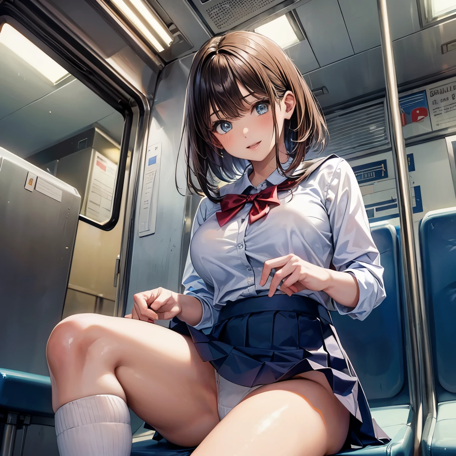 ((masterpiece)), ((best quality)), (ultra-detailed), ((kawaii)), cute, (lovely), ((sexy)), (ero), ((extremely detailed)), 4K, (8K), best quality, (beautiful), anime style, realistic, real, (look up from below:1.5), ((cowboy shot)), ((in the train)), daytime, a cute girl, 1girl, solo, (school girl uniform:1.5), beautiful light brown hair, beautiful brown eyes, ((beautiful eyes)), short hair, large breast, (sitting train seats, white panties, open legs:1.3), light smile, shiny-glistening, gleaming