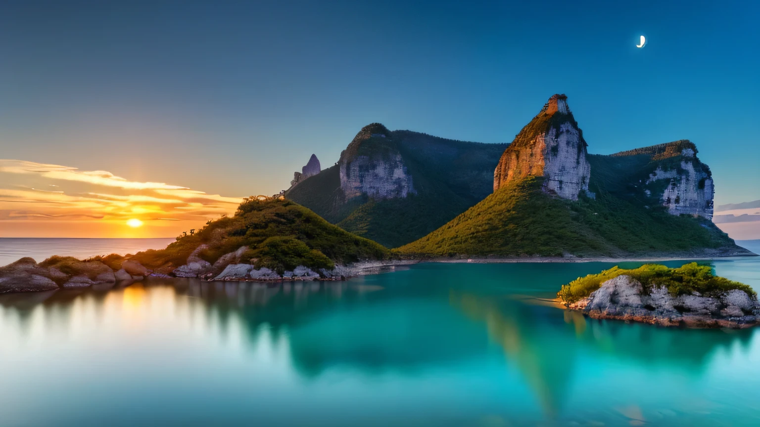 photo realistic, high resolution, 24K resolution, perfect face, best quality ,masterpiece, illustration, an extremely delicate and beautiful, extremely detailed ,CG ,unity ,24k wallpaper, absurdness, huge file size, very wide shot, soft lighting, contre_jour, photo by Fujifilm X-T3, --AR 16:9: Generate a photorealistic image in 24k ultra-high resolution, aspect ratio 16:9, of the Floating Islands of Zephyrion. These islands hover above a turquoise sea, connected by glowing bridges of light. The sky is a vibrant tapestry of sunset colors, with two moons visible on the horizon. Each island boasts lush, alien flora and cascading waterfalls, with crystalline structures dotting the landscape. The atmosphere shimmers with a soft, ethereal light, reflecting off the water and giving the entire scene a dreamlike quality.