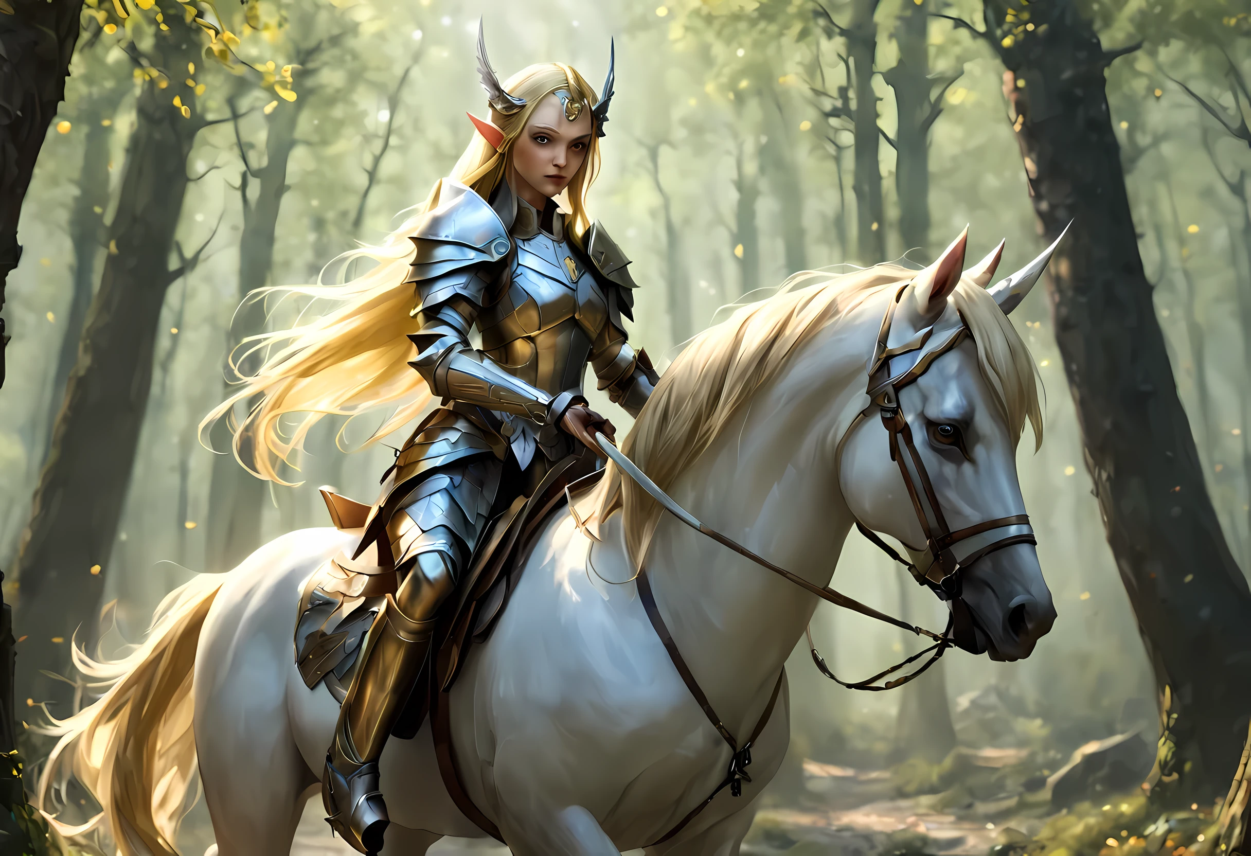 a illustration of a beautiful female elf knight riding a unicorn in the forest, female elf knight, extremely beautiful female elf (best details, Masterpiece, best quality: 1.5), ultra feminine princess, ultra detailed face (best details, Masterpiece, best quality: 1.5), determined face, ready for war, blond hair, long hair, wavy hair, dynamic eyes color, armed with a long sword, wearing leather armor, elven armor  F41Arm0rXL (best details, Masterpiece, best quality: 1.5), white unicorn (best details, Masterpiece, best quality: 1.5), fantasy forest and some clouds in the background, fantasy art dnd art, RPG art magv1ll, Ultra-Wide Angle, high detail, award winning, best quality, HD, 16K, high details, best quality, absurd highres, ultra wide angle, photorealistic, ultra realistic [[anatomically correct]], high details, best quality, 16k, [ultra detailed], masterpiece, best quality, (extremely detailed), ultra wide shot, photorealistic,