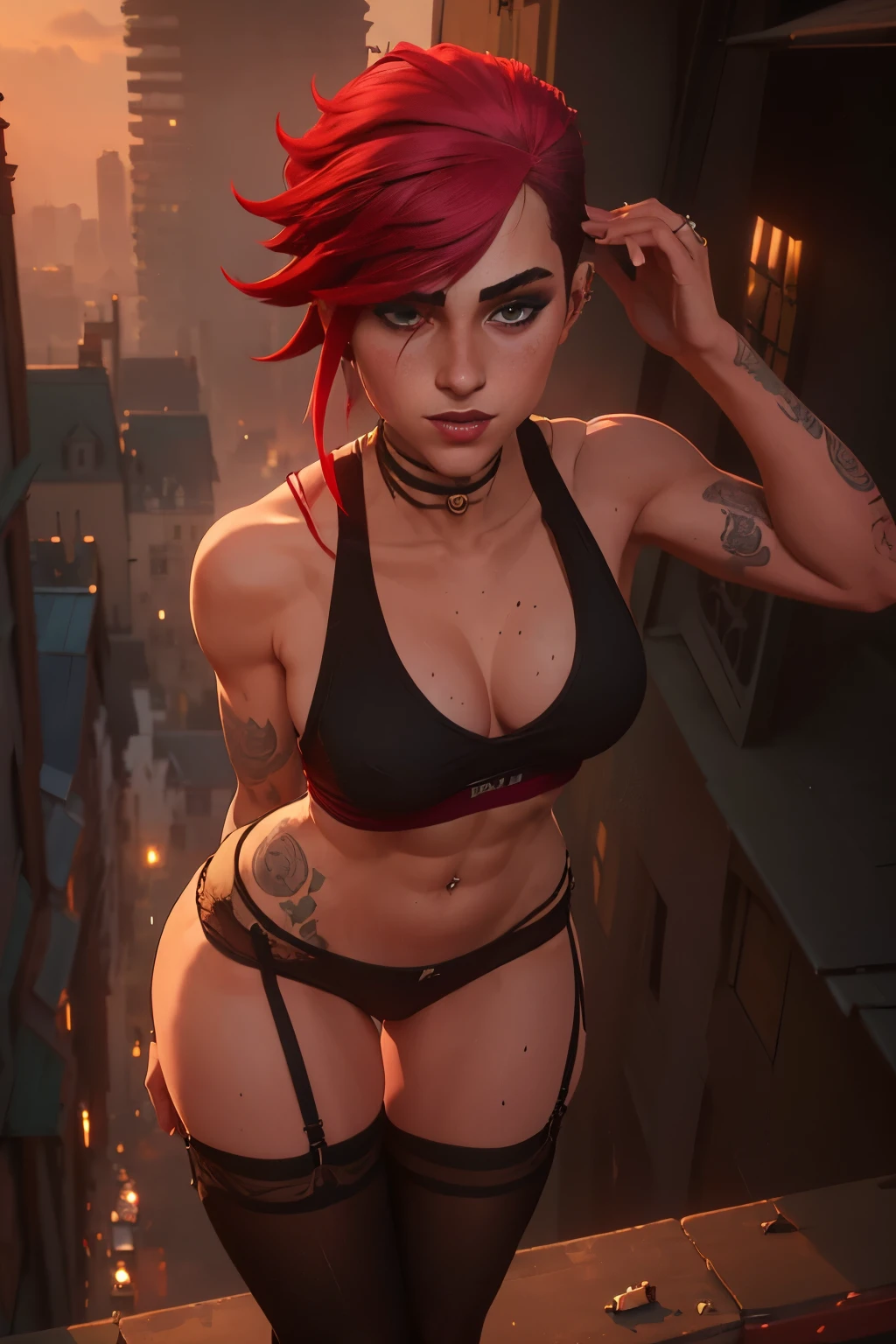 (butt), (sexy girl), masterpiece:1.5, best quality, full body, 1girl, bangs, blush, large breasts, collarbones, ear piercings, eyebrows visible through hair, (gradient red hair), jewelry, long hair, looking at the viewer, piercings, (half-naked), (red underwear), short string tank top, (panties), bright eyes, ring, (solo), illustration, fashionable, woman, posing, detailed background, sexy expression, attention-grabbing scene, focus, dynamic pose, thick thighs, abs, sweaty abs, sexy thighs, thin waist, sexy grin, sexy glare, cinematic lighting, city scape, city background, outside, outdoors, rooftop:1.5,