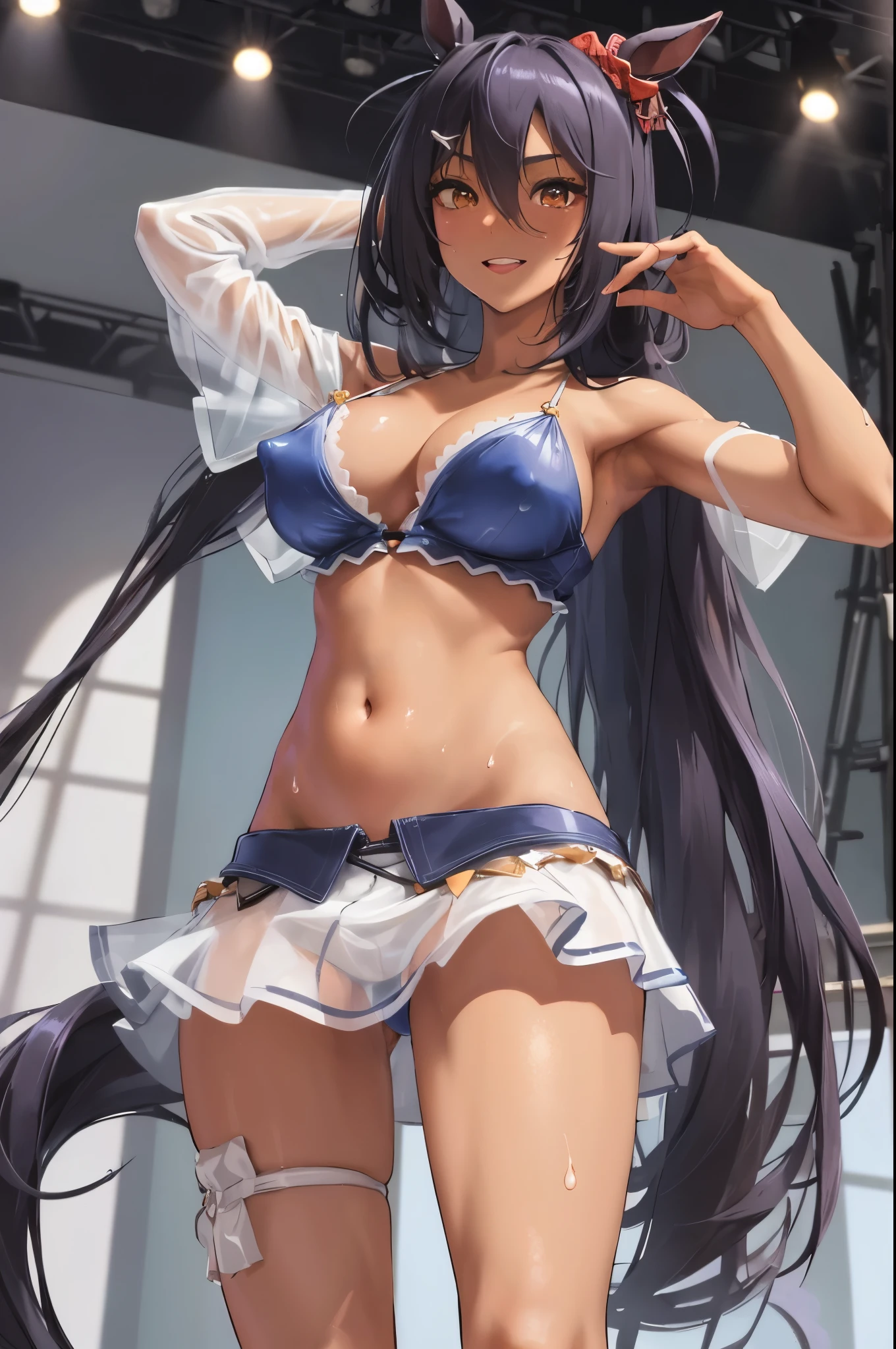 sexy dance show,sexy pose,hishi amazon \(umamusume\),(dark skin),good anatomy, masterpiece, best quality,realistic, hyperrealistic, 16k hdr,Smile,(Live Stage),(see through costume:1.2),Stage costumes,Horse tail,sing a song,ultra miniskirt,navel,micro panties,clearvage,erected nipples,sweat,from below,large breasts,spread legs,