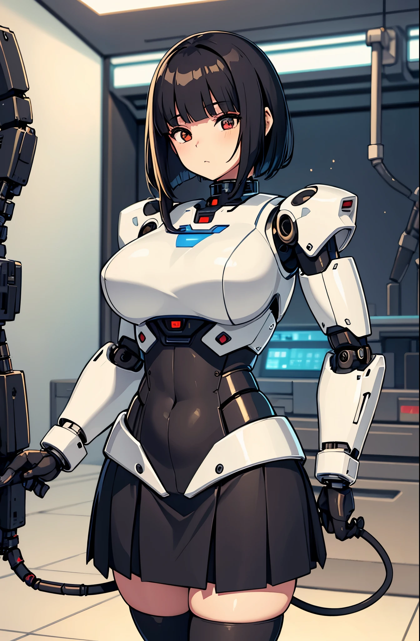 masterpiece, best quality, extremely detailed, Japaese android girl,Plump , control panels,android,Droid,Mechanical Hand, Robot arms and legs, Black hair,Blunt bangs,perfect robot girl,long tube,thick cable connected her neck,android,robot,humanoid,cyborg,japanese cyborg girl ,future laboratory,connecting a cable between the legs,skirt, high socks