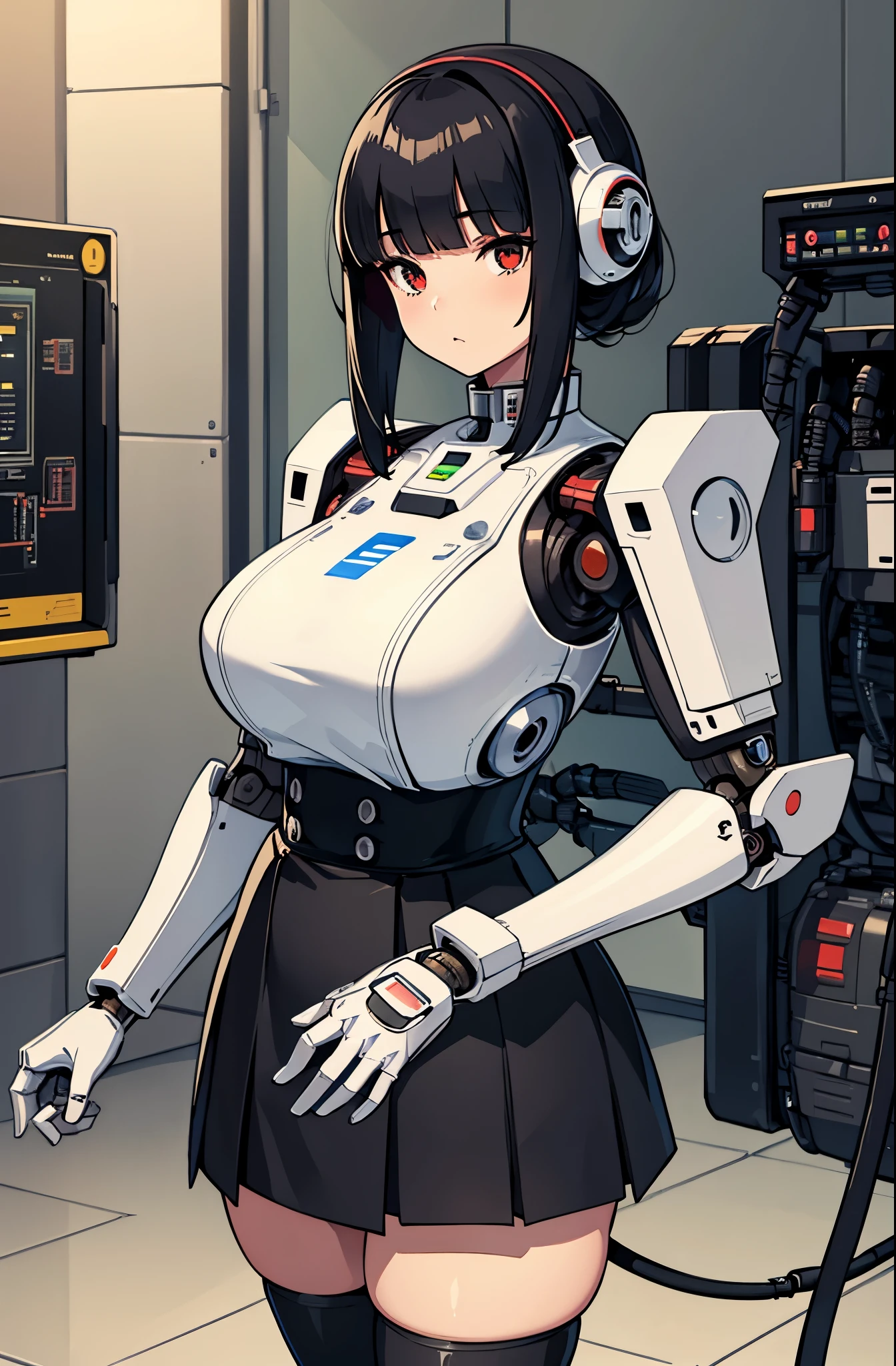 masterpiece, best quality, extremely detailed, Japaese android girl,Plump , control panels,android,Droid,Mechanical Hand, Robot arms and legs, Black hair,Blunt bangs,perfect robot girl,long tube,thick cable connected her neck,android,robot,humanoid,cyborg,japanese cyborg girl ,future laboratory,connecting a cable between the legs,skirt, high socks