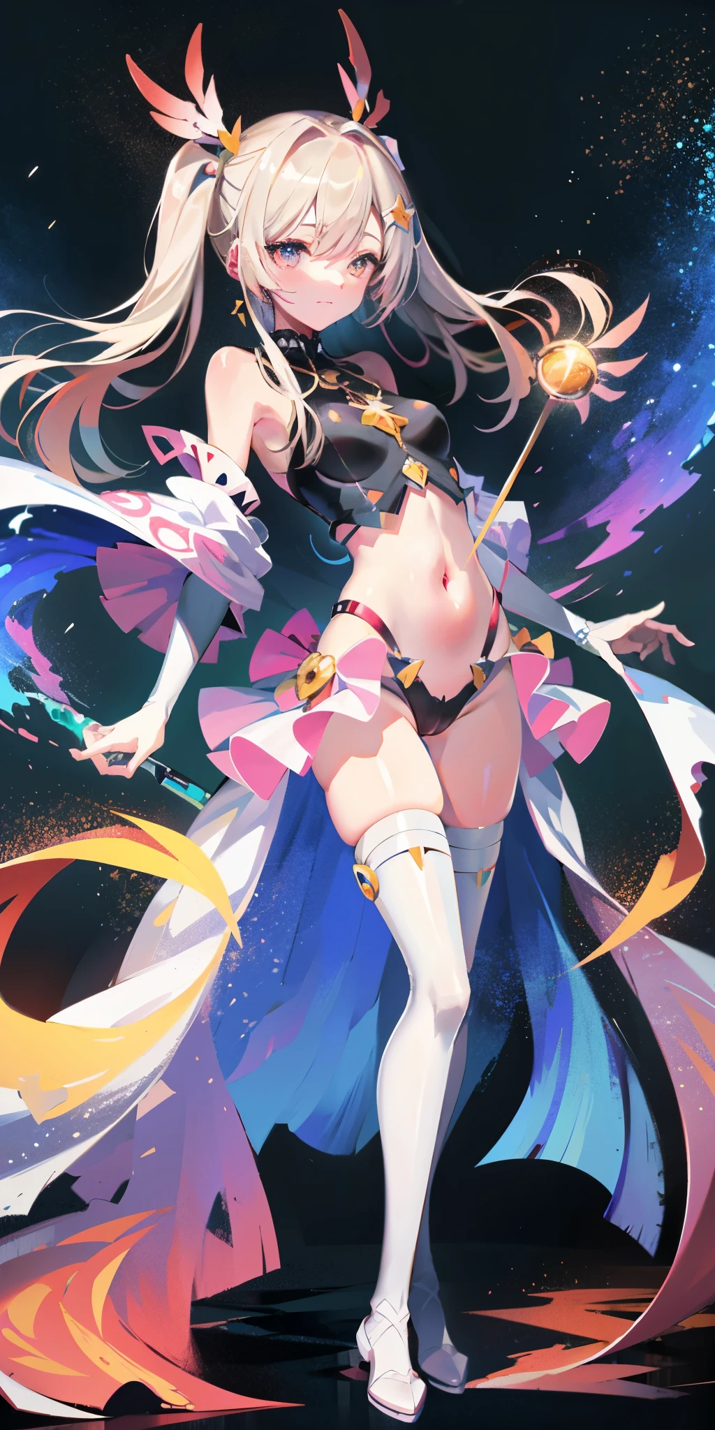 Anime star magic girl, sparkling magic girl, portrait of the magic girl, Beautiful celestial mage, magic , anime goddess, celestial magic girl, rich and colorful gradient layered magic costume, (rich and colorful), whimsical, Lovely, small breasts，open navel，Bare thighs，camel toe，whole body