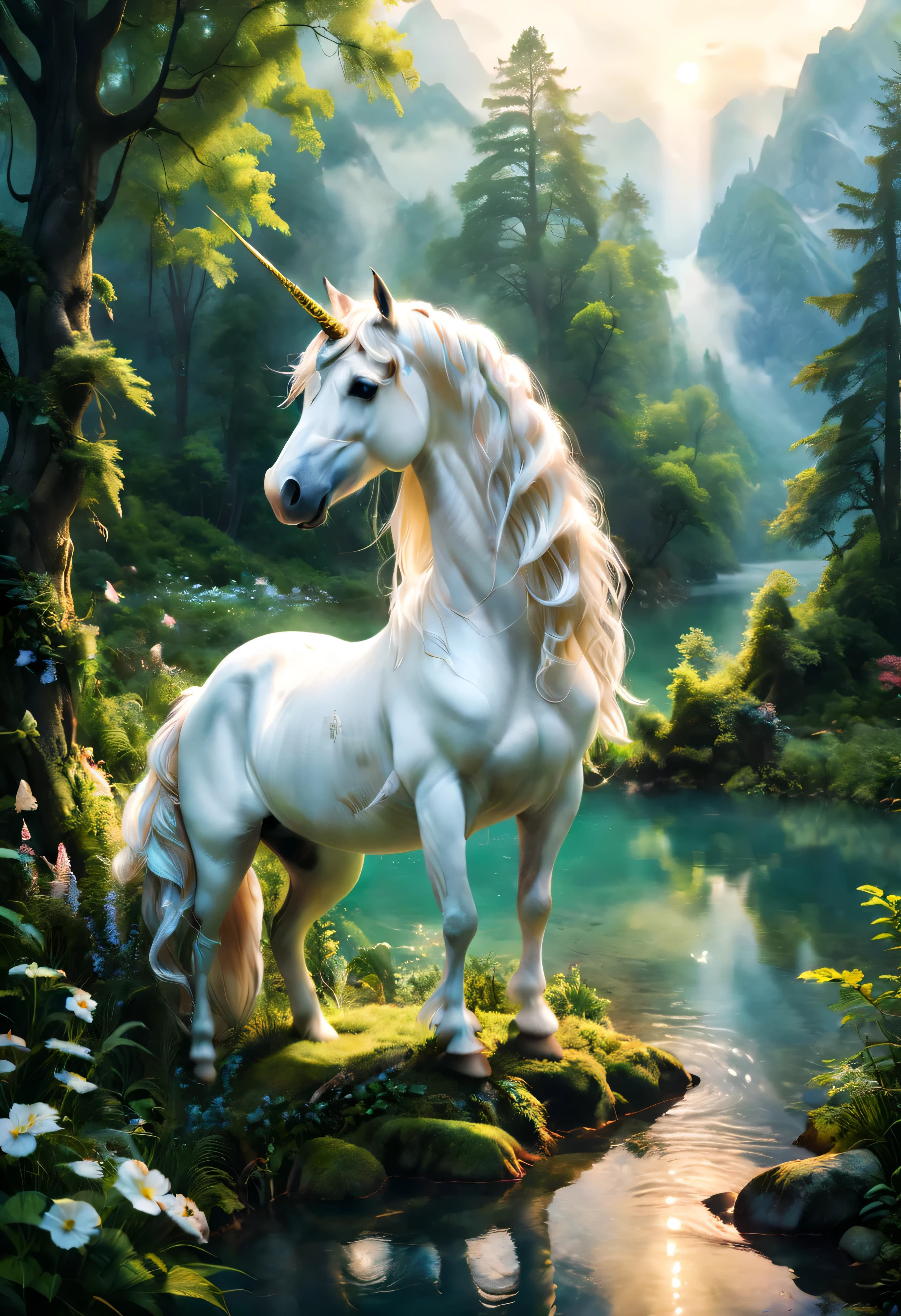 畫面中一匹駿美unicorn守候在山腳下、Deep in the forest or by the lake.Next to me are my beautiful friends sleeping soundly in the forest,Densely wooded、Verdant meadows、rolling mountains or sparkling lakes。 Very magical and dreamy, Beautiful images ever created, very beautiful photos, extremely beautiful and ethereal, white unicorn, beautiful fantasy, Fantasy Beauty, beautiful fairy, very beautiful fantasy art, beautiful depiction, unicorns, magical and mysterious, mysterious creature, Ethereal fairy tale, unicorn, beautiful fantasy art, ethereal fantasy
