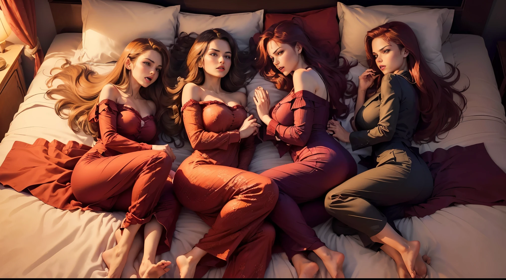Action, dramatic, ((((the number of women is four)))), ((a huge bed that is the color crimson that is in the shape of a heart)), flannel pajamas ,(( sheets)) Beautuful Women barefoot, ( on top of bed tickling, happy, ), (from above view)