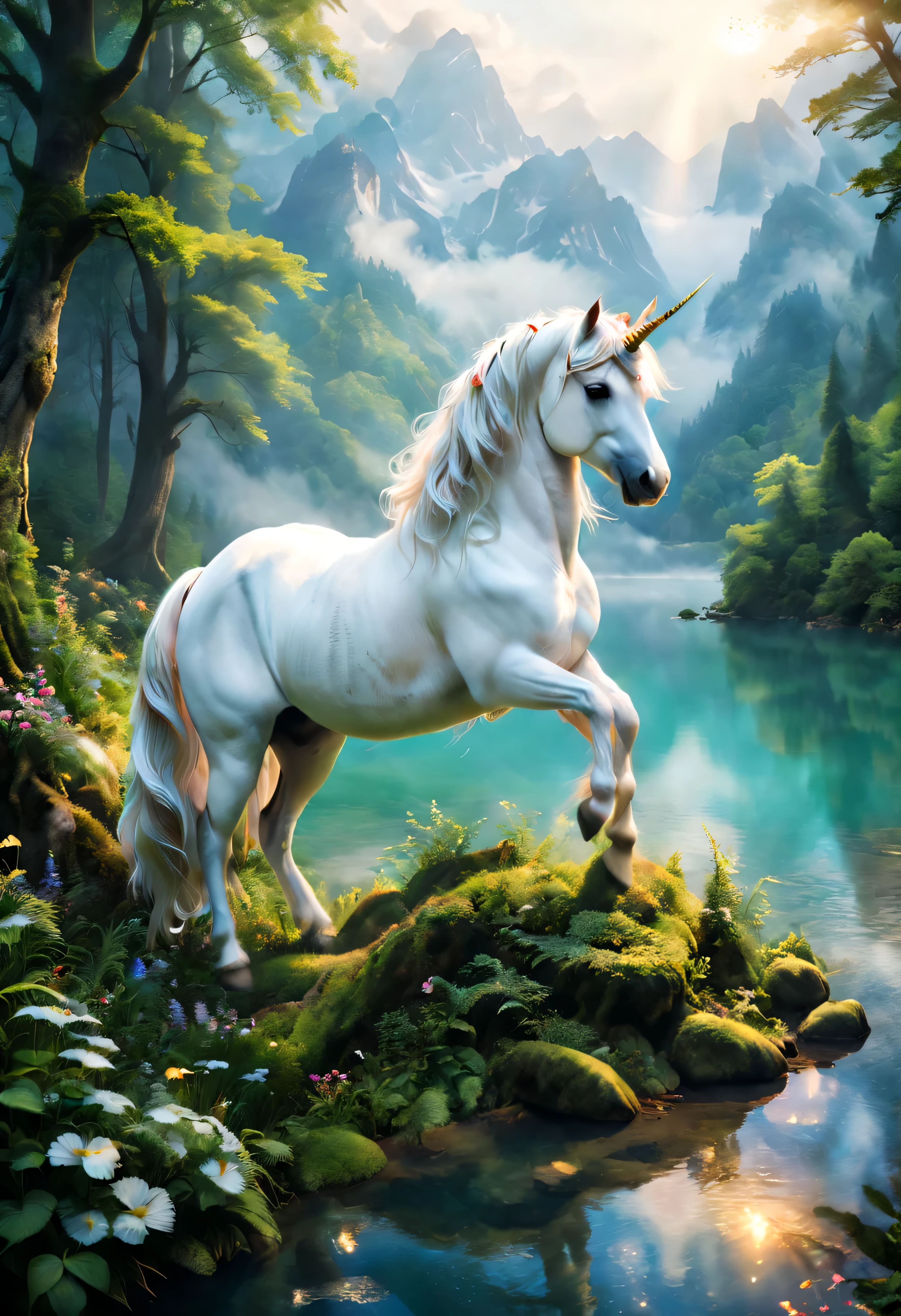 畫面中一匹駿美unicorn守候在山腳下、Deep in the forest or by the lake.Next to me are my beautiful friends sleeping soundly in the forest,Densely wooded、Verdant meadows、rolling mountains or sparkling lakes。 Very magical and dreamy, Beautiful images ever created, very beautiful photos, extremely beautiful and ethereal, white unicorn, beautiful fantasy, Fantasy Beauty, beautiful fairy, very beautiful fantasy art, beautiful depiction, unicorns, magical and mysterious, mysterious creature, Ethereal fairy tale, unicorn, beautiful fantasy art, ethereal fantasy