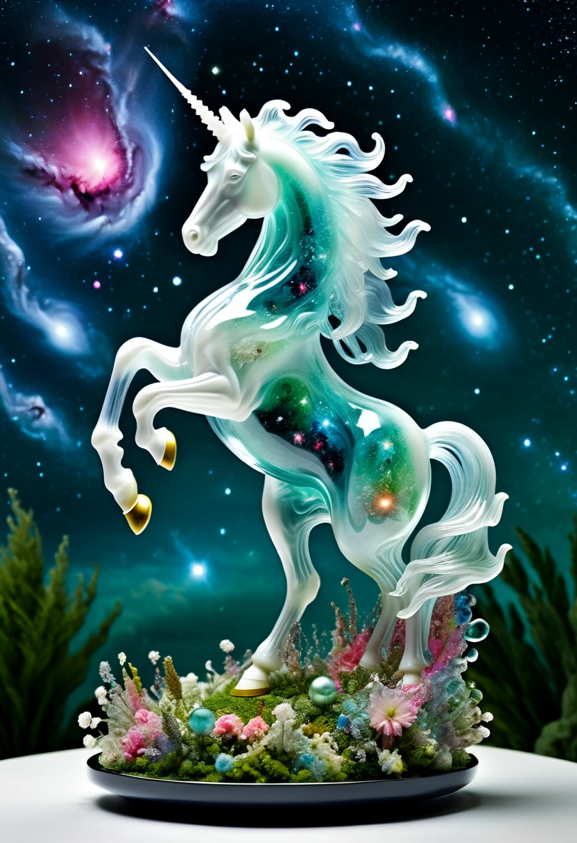 Complex transparent glass interstellar nebula [unicorn] Statue made of galaxies, flora and fauna, Surreal, Super detailed, elegant, beautiful, 1 tail
