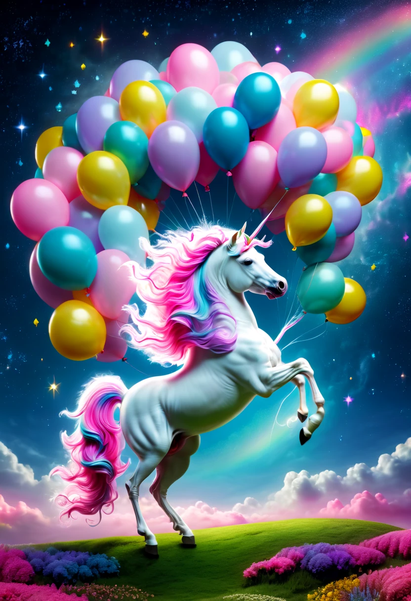 1 Unicorn、bright、Tender powder、Dream、大perspective构图、Flashy、wonderland、Dream幻的世界、rainbow、Shining starry sky、balloon、bubble、pink flower、bright colors、Light and shadow effects、perspective。