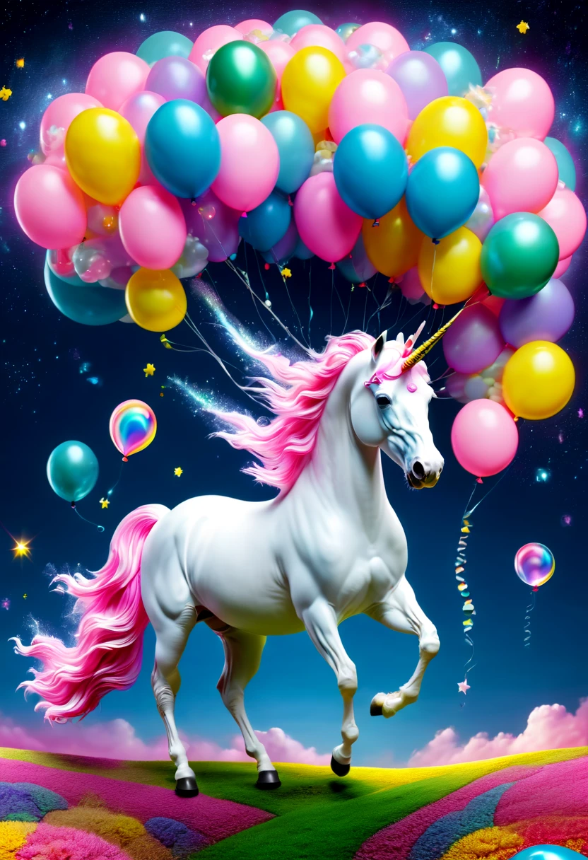 1 Unicorn、bright、Tender powder、Dream、大perspective构图、Flashy、wonderland、Dream幻的世界、rainbow、Shining starry sky、balloon、bubble、pink flower、bright colors、Light and shadow effects、perspective。