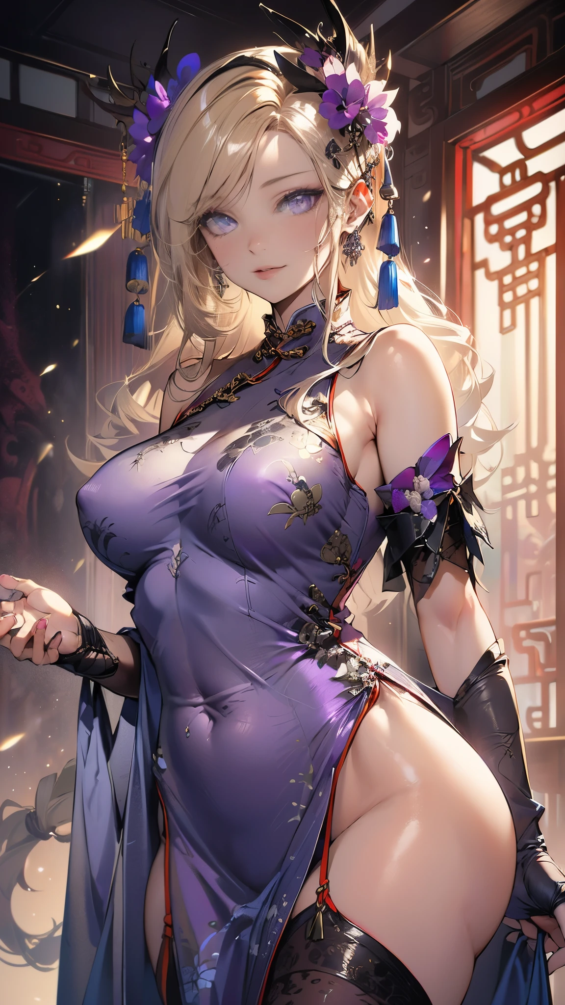 Raw photo,masterpiece,best quality,ultra-detailed,high resolution,extremely detailed CG,unity 8k wallpaper,official art,production art,novel illustration,caustics,textile shading,super detailed skin,perfect anatomy,detailed,cinematic lighting,dynamic lighting,beautiful detailed eyes,(shiny skin),sexy smile,(nsfw:0.5),(Purple Chinese dress:1.5), large breasts, large buttocks, blonde, garter belt,Pretty eyes, long lashes, eye shadow, eyeliner,
