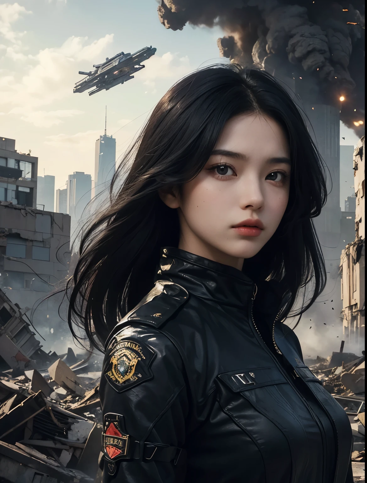 A beautiful woman with a serious expression while looking at the camera. Black hair. Twenty years old. The woman is wearing a black metallic combat uniform. In the background of the woman is a city that has been reduced to a pile of rubble. There is a small spaceship that she came aboard in that city.