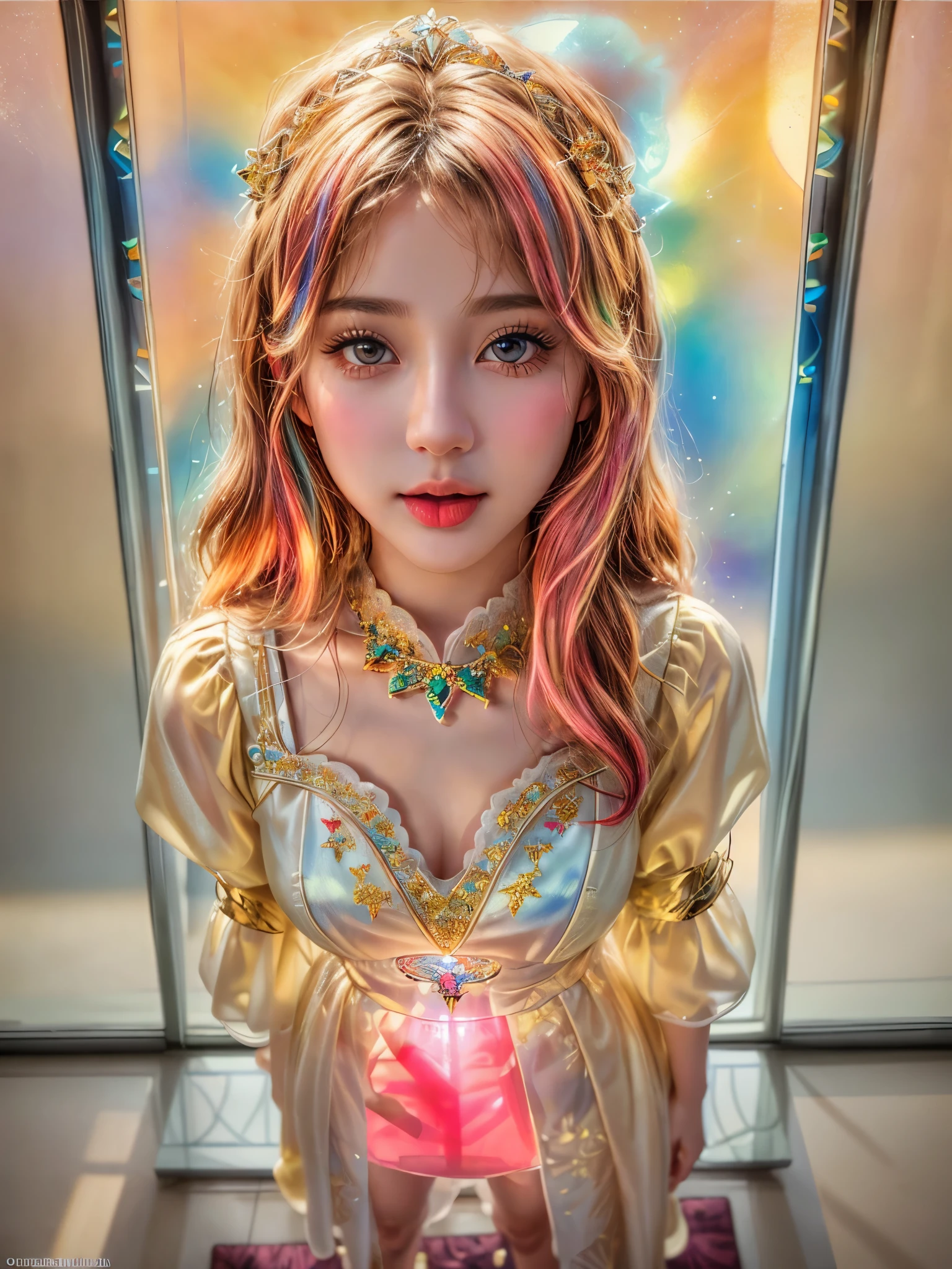 (Best quality, 32k, Masterpiece:1.2), (Ultra-Realistic and photorealistic:1.37), (Detailed extremely beautiful face & eyes、detailed Porcelain skin textures、Extremely Detailed)、(kiss the camera、Childish:1.2、standing full body:1.2)、17yo、(David Hamilton)、zydG、exposede、mouth_hold, tongue out . (Dazzling colorful light pours down and reflects from stunning elaborate stained glass:1.2) .