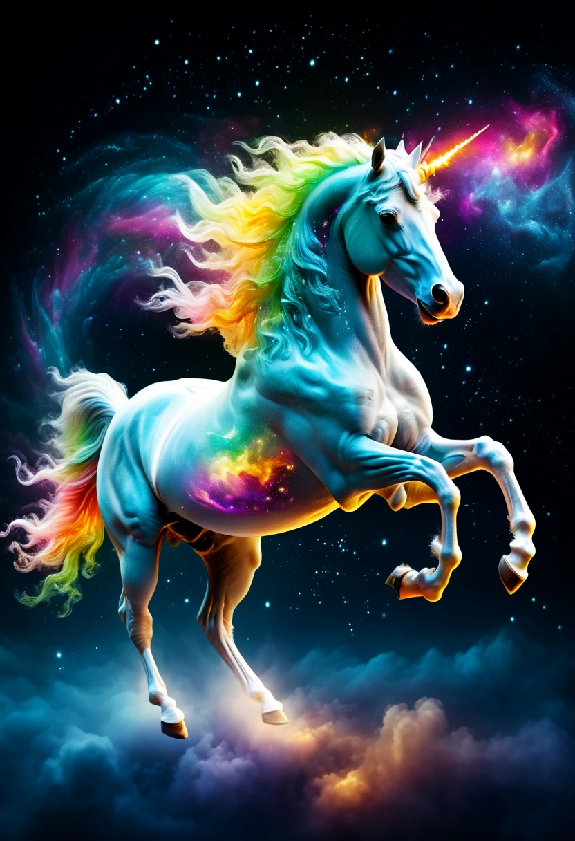 A unicorn made of intricate clear glass interstellar nebulae and galaxies runs across the night sky，isolated on black background，majestic and dreamy，stunning render，in shining connections，Magical elements，The is amazing，Beautiful dreamy rainbow、Multicast colorful spells、Bright flash