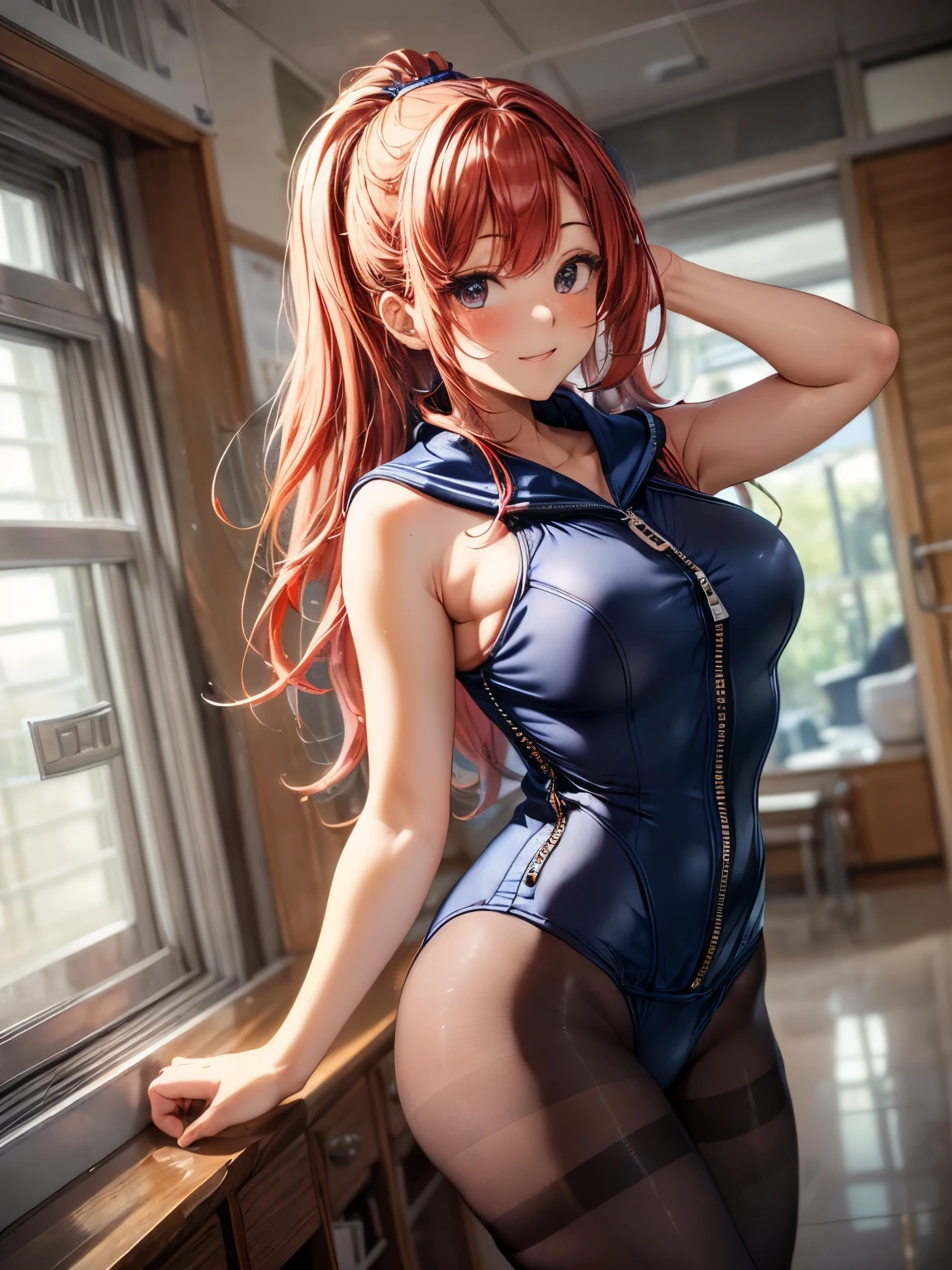 highest quality、All limbs、full finger、one beautiful woman、((Woman with red hair:1.3))、long hair、ponytail、big breasted woman、(((Navy blue sailor suit style school swimsuit with zipper:1.4)))、red tie、((sleeveless school swimsuit))、bare hands、(((brown pantyhose)))、big smile、sexy pose