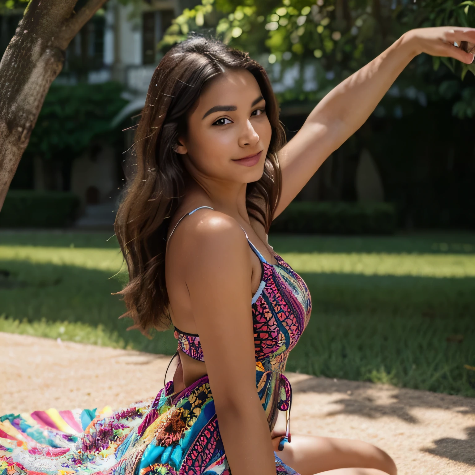 Une Colombienne de 23 ans, Figure de sablier, petits seins, hyperréaliste, photo prise de loin, peau bronzée, éclairage professionnel, couleurs vives, traits du visage détaillés, longs cheveux noirs fluides, lèvres pleines, Posture élégante, chaud illuminant son visage, créer des ombres douces. La qualité de l&#39;image est du plus haut niveau, capturer chaque détail complexe. Mise au point nette et rendu ultra détaillé, mettant en valeur la beauté de la femme colombienne d&#39;une manière captivante et élégante. Vêtu d&#39;une élégante robe colorée qui recouvre entièrement son corps, sur un joli parc en Amérique latina, une douce brise souffle sur la scène, la chaude lumière du soleil illumine son visage, créer des ombres douces, les couleurs sont vives, l&#39;ambiance est joyeuse, on voit la rue et la fille est loin, porter une robe colorée, debout dans un parc luxuriant de base en Europe, une douce brise souffle sur la scène, la chaleur du soleil illuminant son visage, créer des ombres douces, L&#39;ambiance générale est joyeuse et vibrante, avec une touche de romantisme, déjeuner assis par terre sur une couverture, Avoir un grand sourire, tout le corps