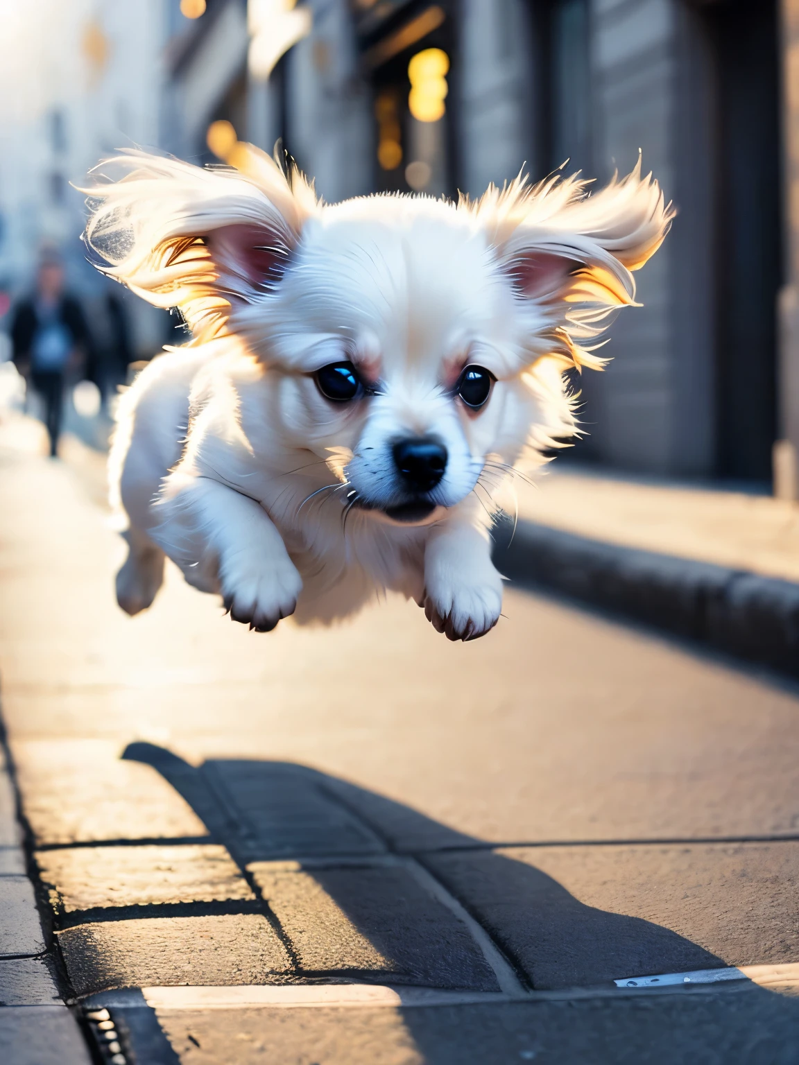 Close-up photo of a very cute jumping puppy on the street, white, soft volume light, (Backlight: 1.3), (movie: 1.2), intricate details, (art station: 1.3), rutkowski