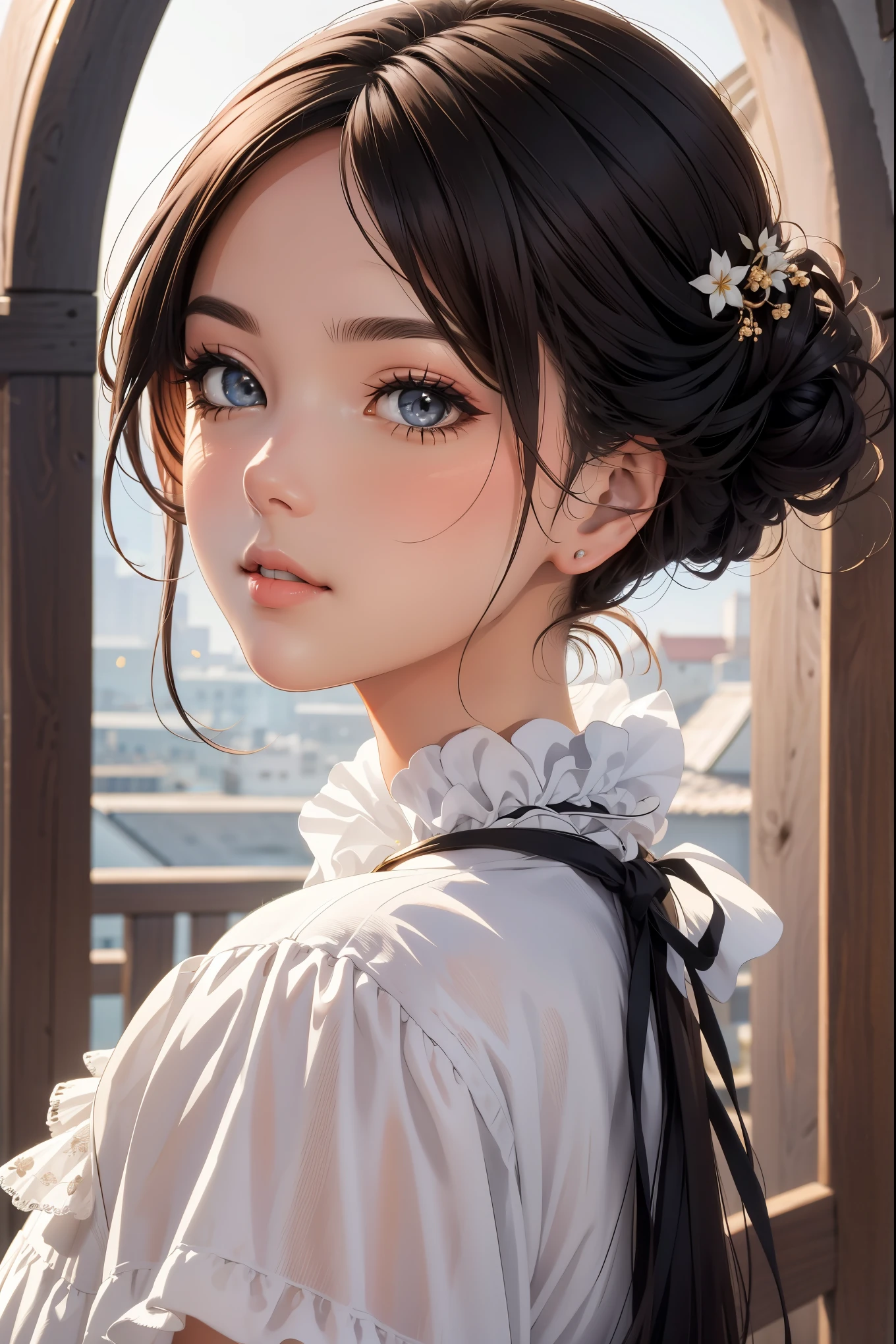 (((best quality))), (((masterpiece))), (Ultra-detailed:1.3), official art, sunlight,1girl, adult woman, (an extremely detailed and beautiful face:1.4), (beautiful light brown eyes:1.2), long dark eyelashes, (very long black hair:1.3), fair skin, necklace, (white dress), 8k resolution, studio lighting
