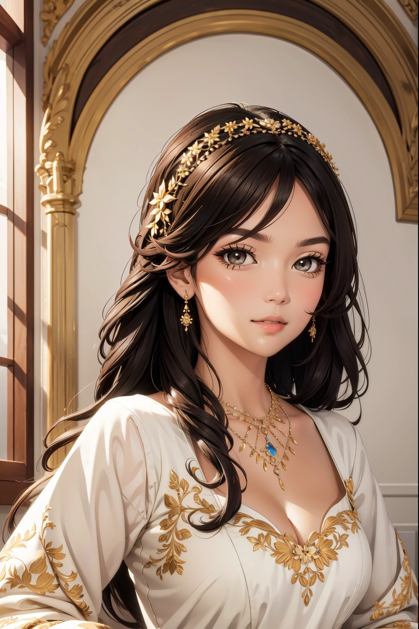 (((best quality))), (((masterpiece))), (Ultra-detailed:1.3), official art, sunlight,1girl, adult woman, (an extremely detailed and beautiful face:1.4), (beautiful light brown eyes:1.2), long dark eyelashes, (very long black hair:1.3), fair skin, necklace, (white dress), 8k resolution, studio lighting
