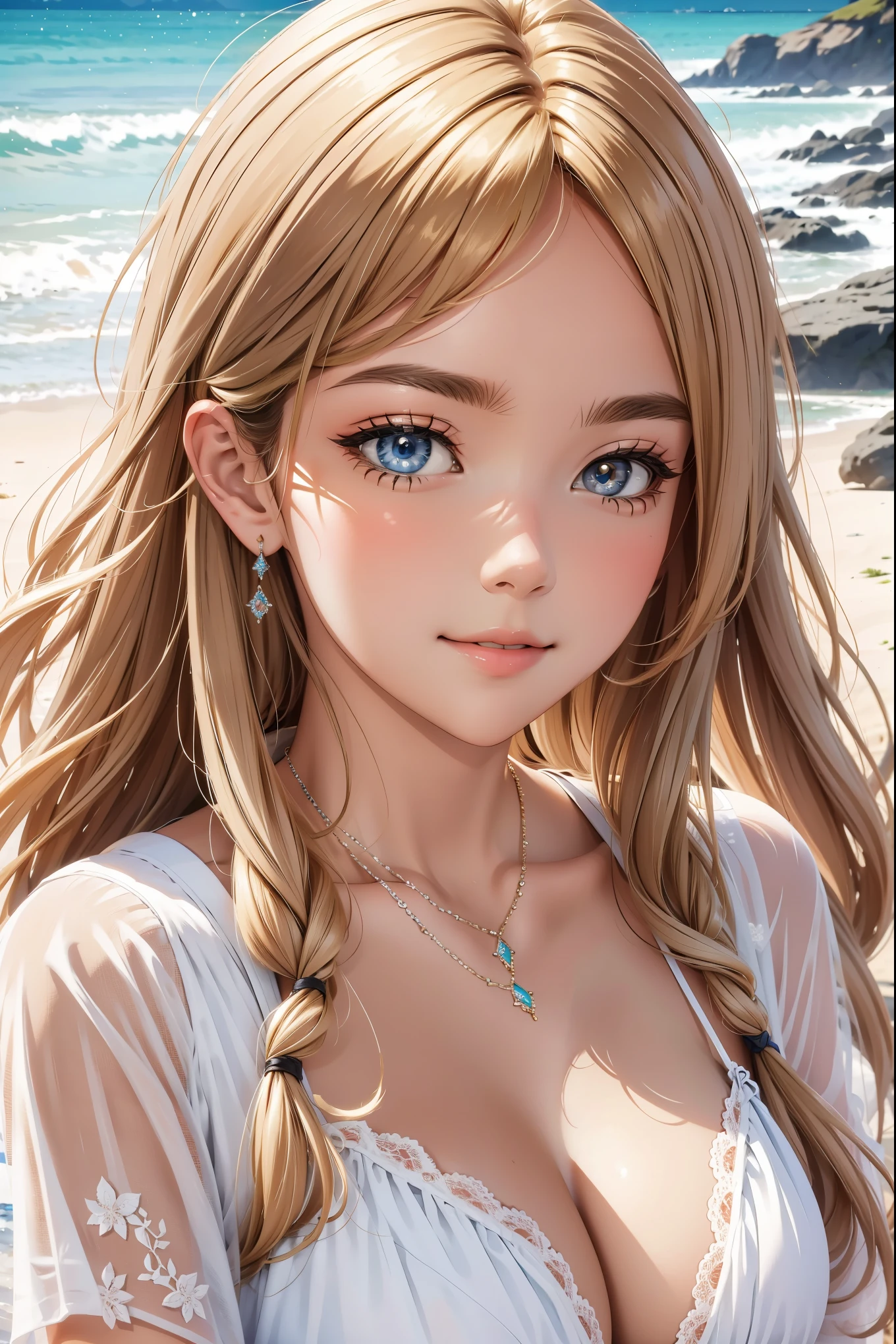 (((best quality))), (((masterpiece))), (Ultra-detailed:1.3), official art, sunlight,1girl, adult woman, (an extremely detailed and beautiful face:1.4), (beautiful light brown eyes:1.2), long light eyelashes, (very long blonde hair:1.3), fair skin, necklace, (white dress), beach background, 8k resolution, studio lighting
