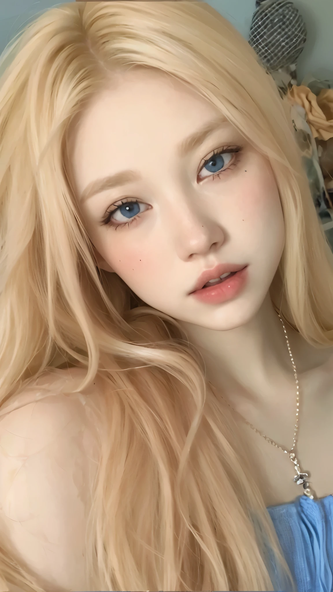 a close-up of a woman lying on a bed wearing a white bra, Ava Max, amaranth, long blonde hair and big eyes, very very pale blonde hair, long blonde hair and big eyes, extremely pale blonde hair, Perfect white hair girl, with long blonde hair, young beautiful amaranth, pale skin curly blonde hair, blonde hair and big eyes