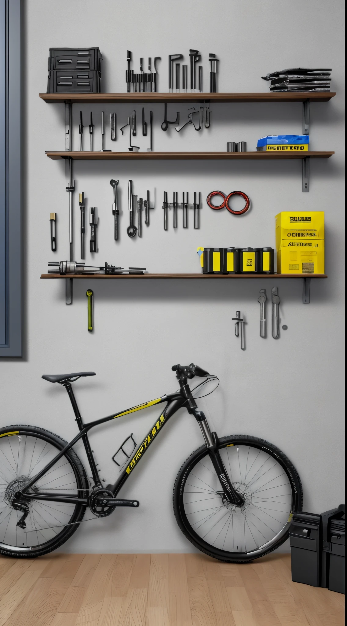 8k, photo realistic, bicycle repair wprkshop, bicycle tools on wall, shelf full with bicycle parts