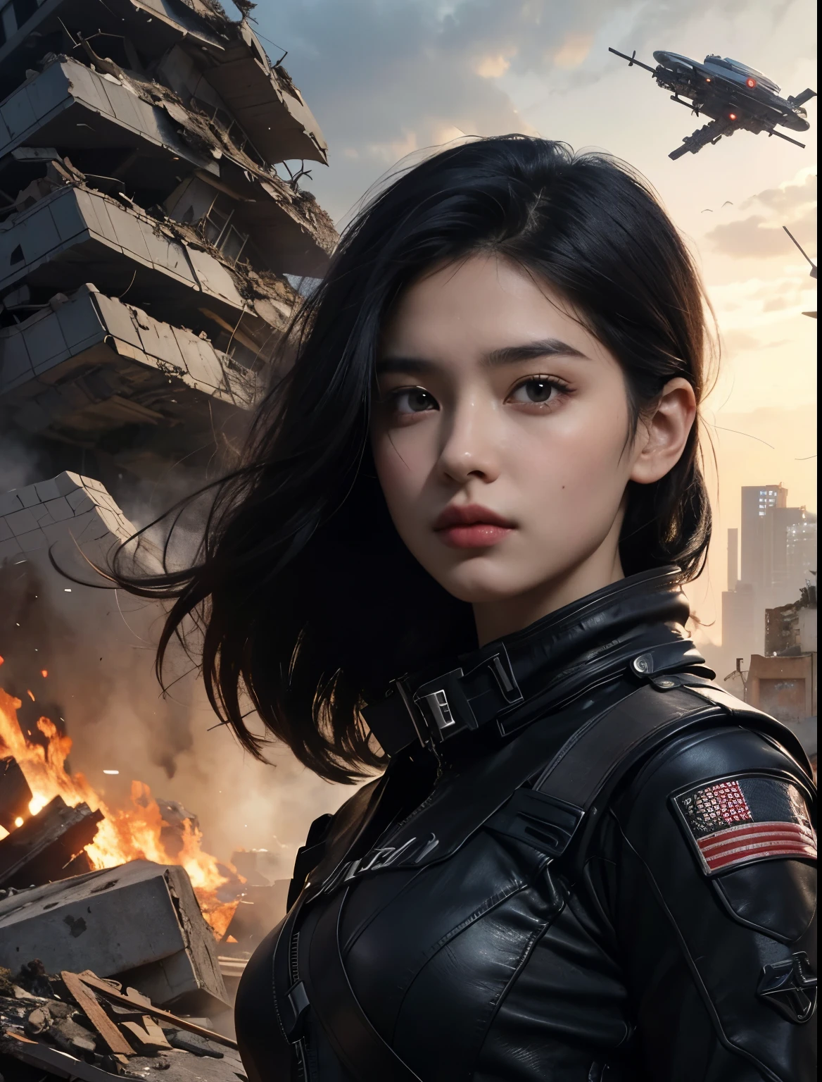 A beautiful woman with a serious expression while looking at the camera. Black hair. Twenty years old. The woman is wearing a black metallic combat uniform. In the background of the woman is a city that has been reduced to a pile of rubble. There is a small spaceship that she came aboard in that city.