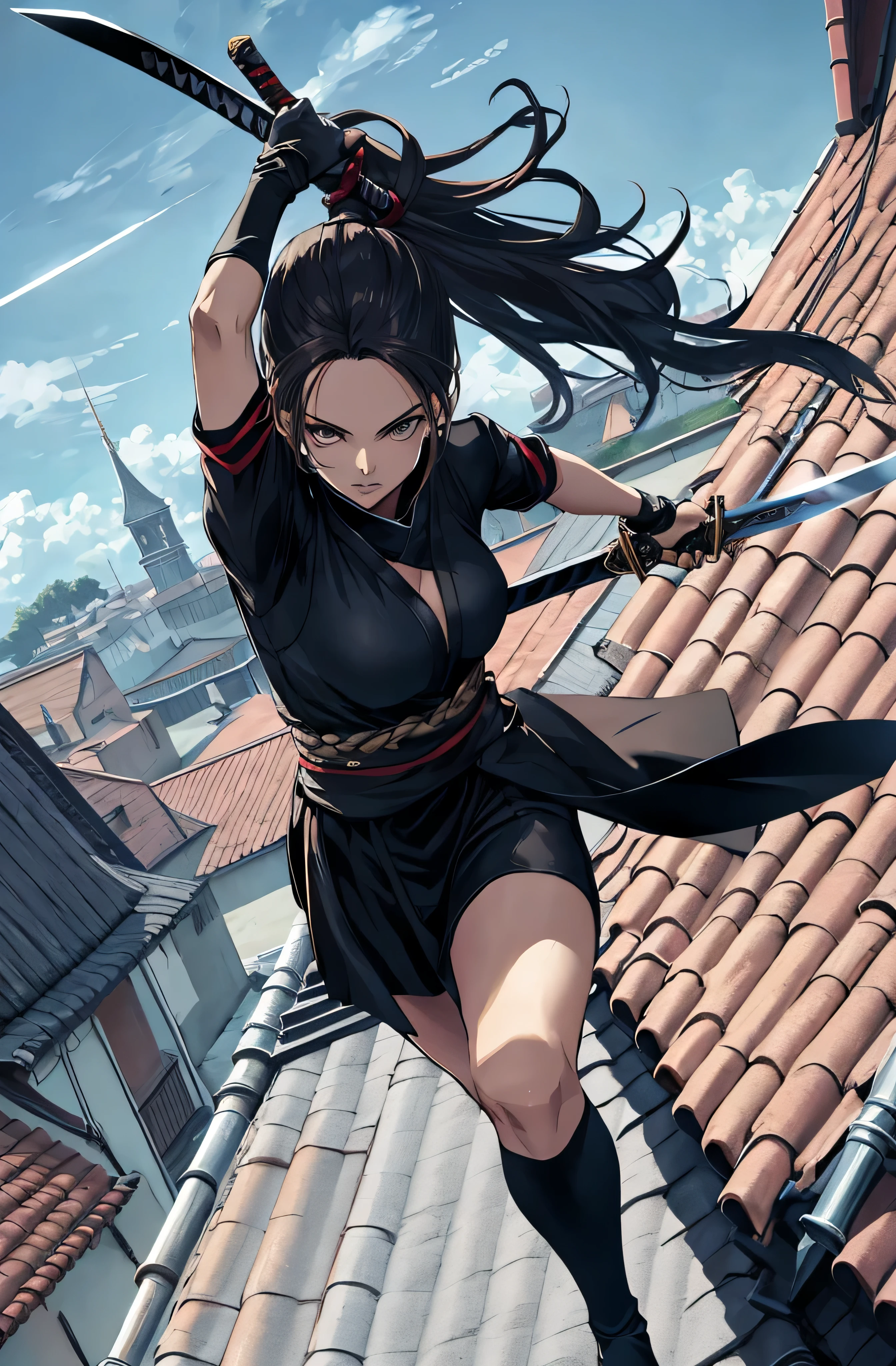 Uma mulher ninja, running on top of a roof towards us, a dagger and a sword in hands, Highly detailed scenery, little lighting, Noturno, cabelo loiro