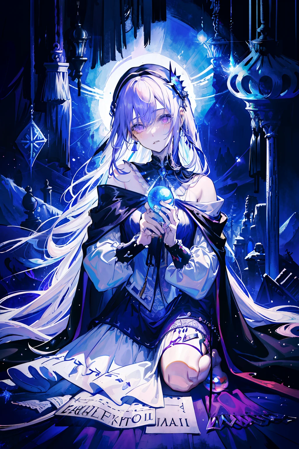 (masterpiece, top quality, best quality, official art, Beautiful and beautiful:1.2), (1 girl:1.3), wavy long hair, light purple hair, Very detailed, portrait, looking at the audience, alone, (whole body:0.6), detailed background, close up, glowing eyes, (Cold arctic winter theme:1.1), A fortune teller man, quack, giggle, mystery, Sit at the table, colorful shoulderless loose gypsy A fortune teller man clothes,      holy grail,   tarot cards, crystal ball,  middle Ages (interior of a tent:1.1) background, tent curtains in background, dark mystery lighting, shadow, magical atmosphere, starry night,, Dutch Cape