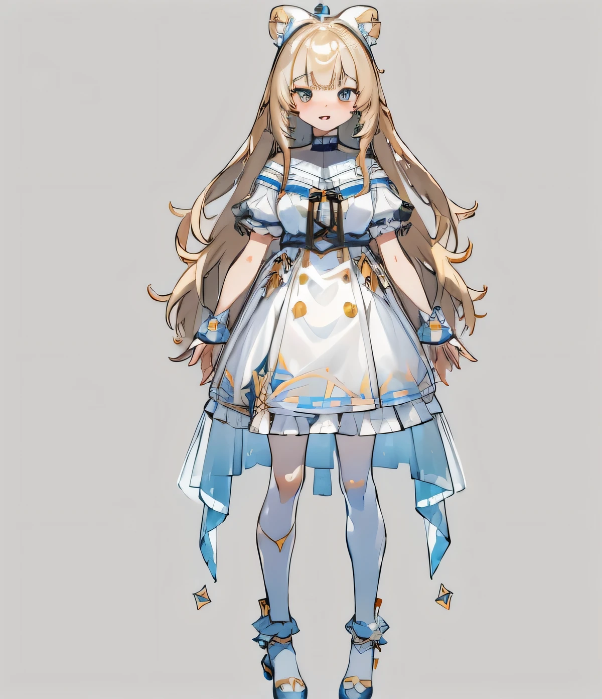 (best quality, highres, ultra-detailed), realistic, 1girl, head to toe, Vtuber, vtuber model, rendered,2d, full body, water-based, white background, dress, skirt, bright colors, shiny material, long hair, expressive eyes, detailed face, confident expression,{{full body}},(((simple background)))