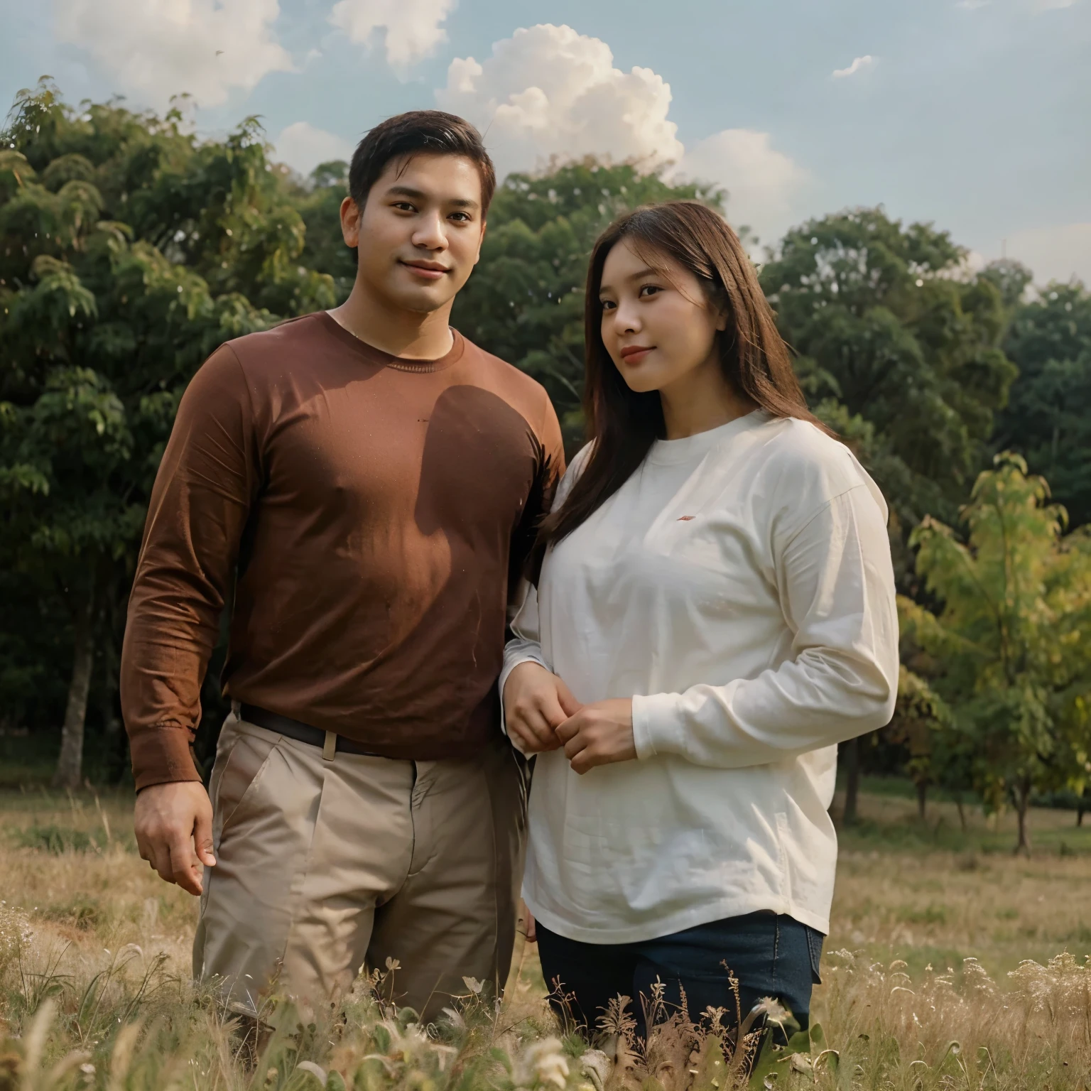 (8K, best quality:1.2), (masterpiece:1.37), (photo, photorealistic:1.37), Masterpiece, best quality, (highly detailed photo:1.1),
(Couples from indonesia),
(a man 25 years old, chubby face), face clean-shaven and no beard or moustache, short hair, use brown shirt with long sleeves, undercut hair style.
BREAK.
(a women 25 years old, chubby face), use white shirt with long sleeves, long hair.
They stand in the meadow.