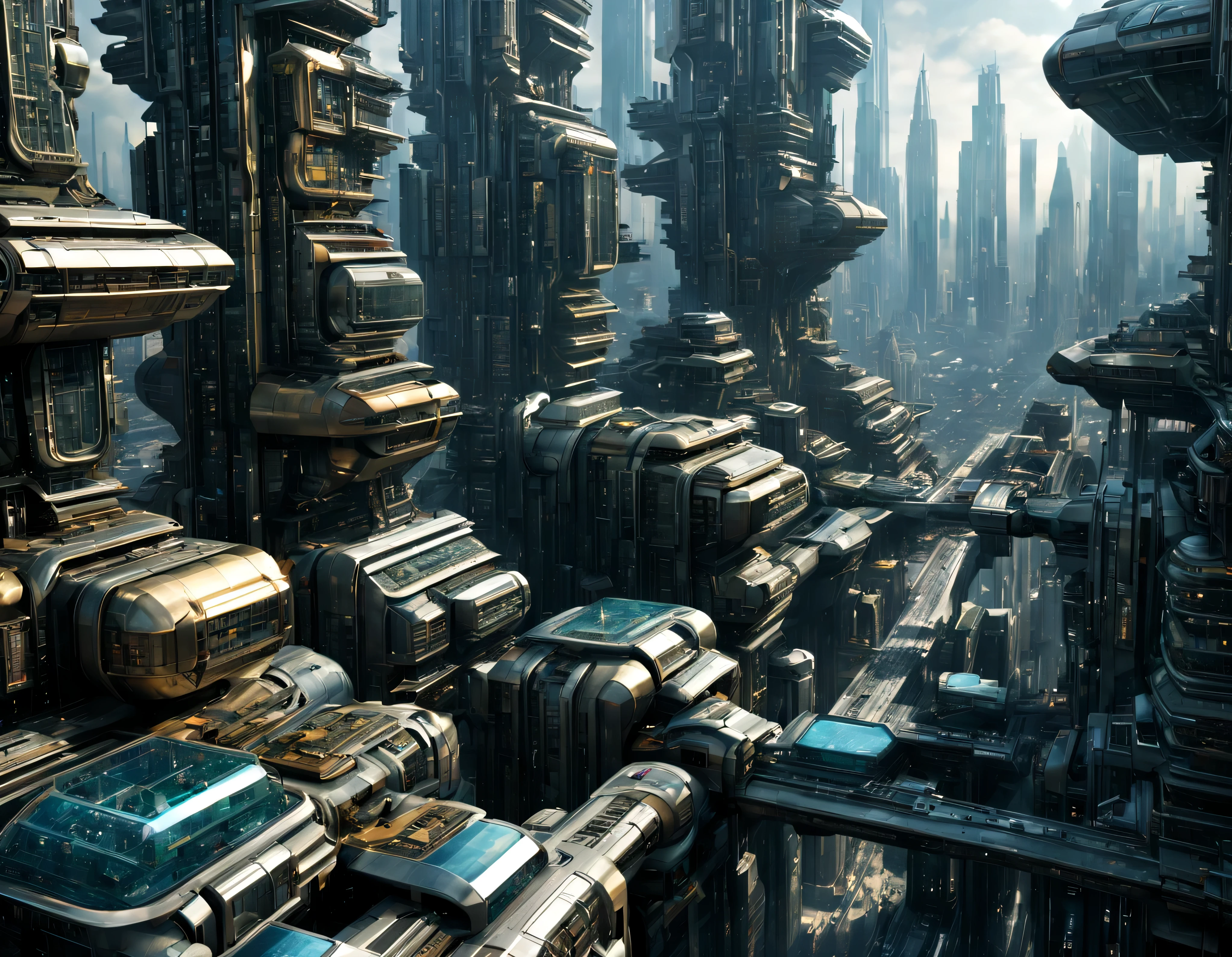 the city of megacity futuristic science fiction city as it would be in the year 3029, vista desde una terraza , with high-tech design , conglomerado de edificios de metal y cristal, highways crossing them, de una inmensidad impresionante, con el empleo de oro , silver and bronze in its construction, realmente impresionante a la vista, imagen bien definida, sharp well defined background, ((con muchos edificios juntos alrededor de una plaza)). sharp well defined 8k image. los edificios llegan alta el fondo.,8k. cinematographic image, renderizado 3d, ((obra maestra de superior calidad)).