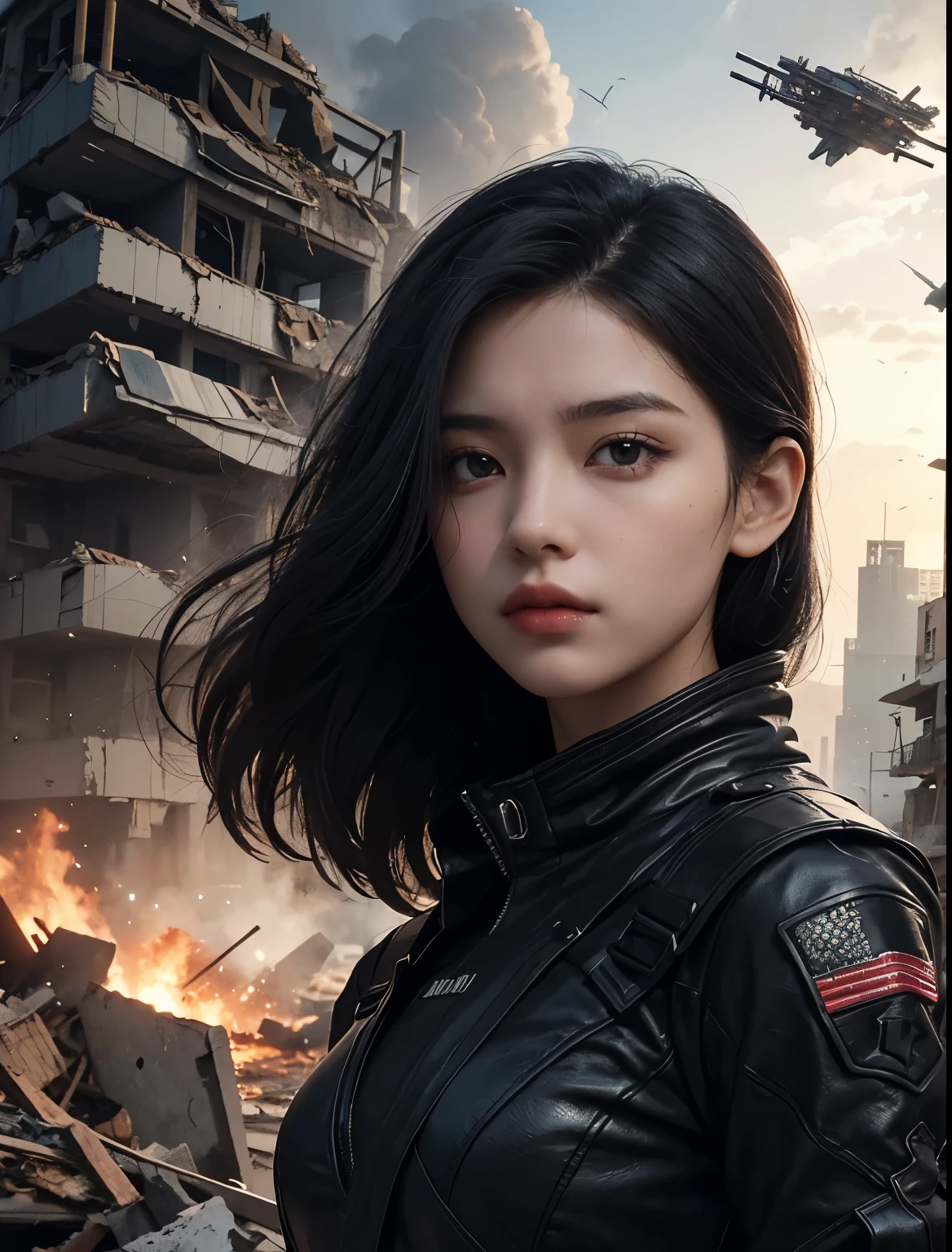 A beautiful woman with a serious expression while looking at the camera. Black hair. Twenty years old. The woman is wearing a black metallic combat uniform. In the background of the woman is a city that has been reduced to a pile of rubble. There is a small spaceship that she came aboard in that city.