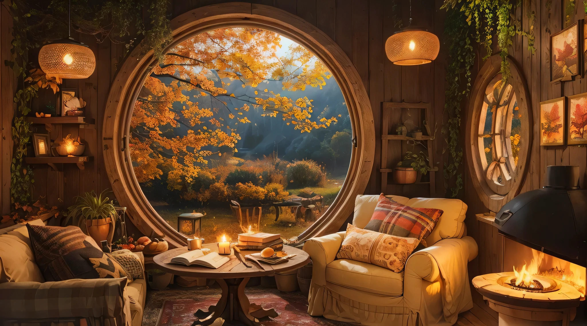 Cozy hobbit house on an autumn evening, Pleasant autumn cloudy sky, Interior with round fireplace,With round window, There is a cozy bookshelf filled with books, cozy coffee cans and coffee cups, pile of firewood