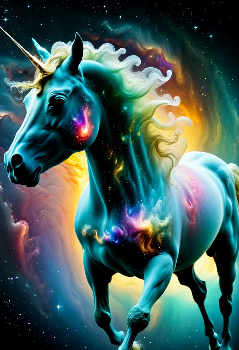 ((A unicorn made of intricate clear glass interstellar nebulae and galaxies runs across the night sky:1.5)),isolated on black background,majestic and dreamy,stunning render,in shining connections,Magical elements,The is amazing,Beautiful dreamy rainbow、Multicast colorful spells、Bright flash