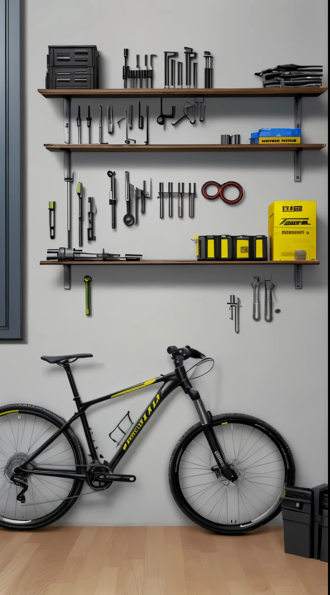 8k, photo realistic, bicycle repair wprkshop, bicycle tools on wall, shelf full with bicycle parts , more tools on wall, add text Biciklizma