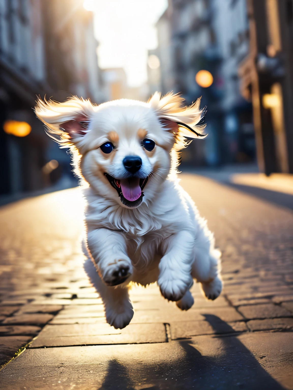 Close-up photo of a very cute jumping puppy on the street, white, soft volume light, (Backlight: 1.3), (movie: 1.2), intricate details, (art station: 1.3), rutkowski