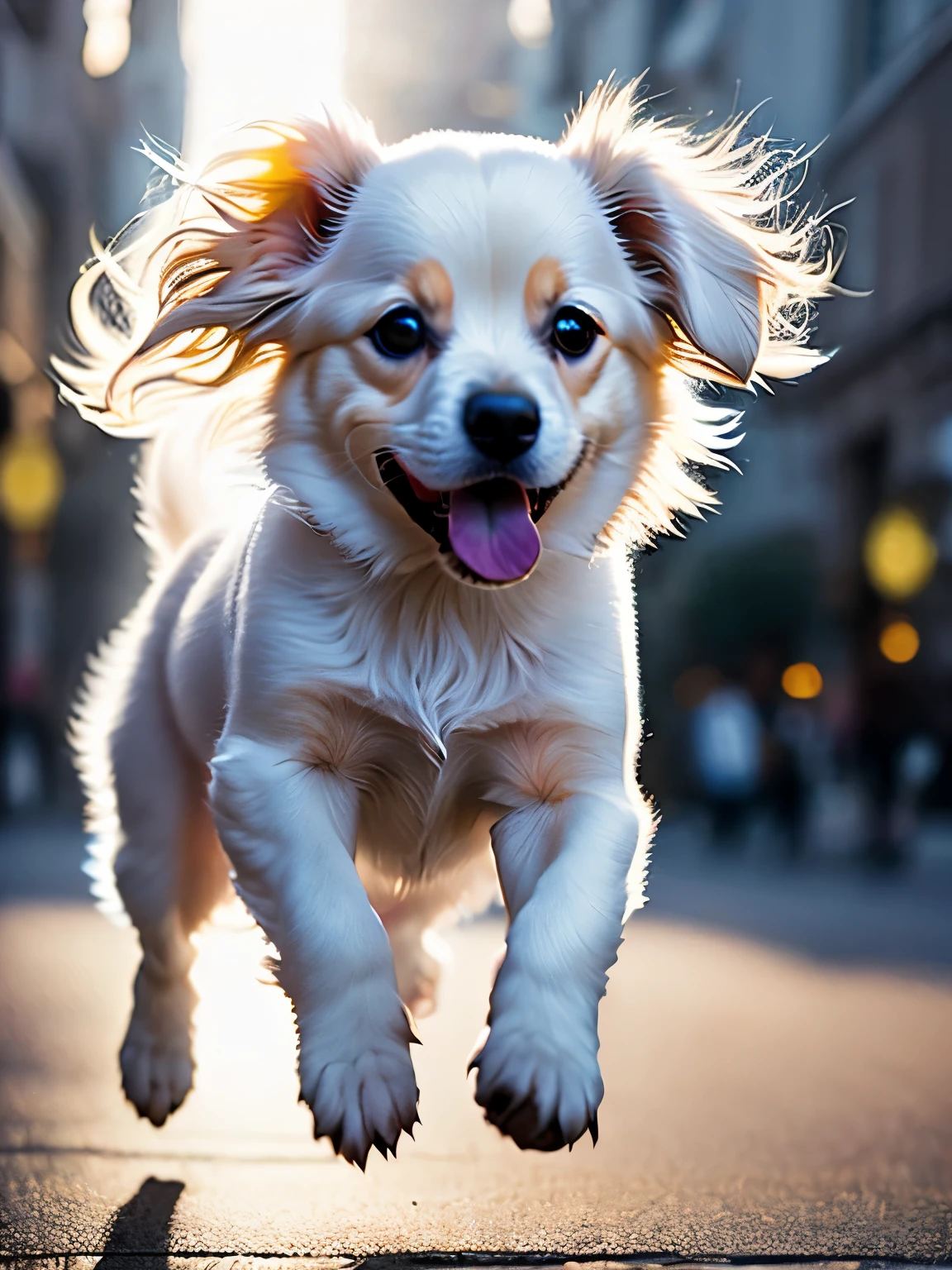 Close-up photo of a very cute jumping puppy on the street, white, soft volume light, (Backlight: 1.3), (movie: 1.2), intricate details, (art station: 1.3), rutkowski