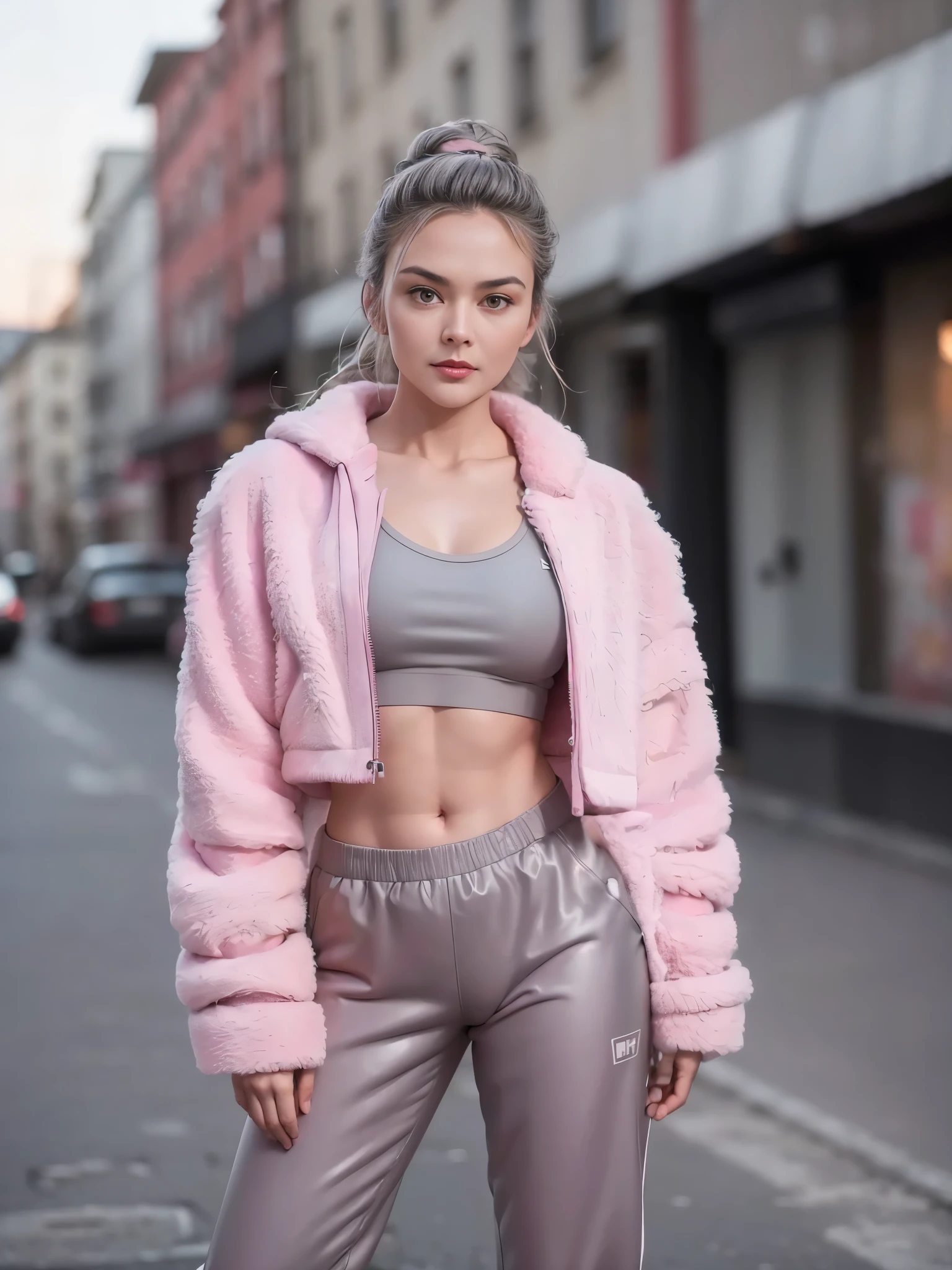 gorgeous cute Austrian girl, (casual crop top), Steel gray hair loose braided hair, black crop top bra , pink fluffy jacket, , oversized gym pants, both hands are in walking style,in background the street light pole, backstreet, (city), hip-hop, , perfectly symmetrical face, detailed skin, vivid colours, HDR, hard shadows, art photography, soft focus, masterpiece, breathtaking, atmospheric perspective, diffusion, pore correlation, skin imperfections, 80mm Sigma f2, depth of field, intricate natural lighting