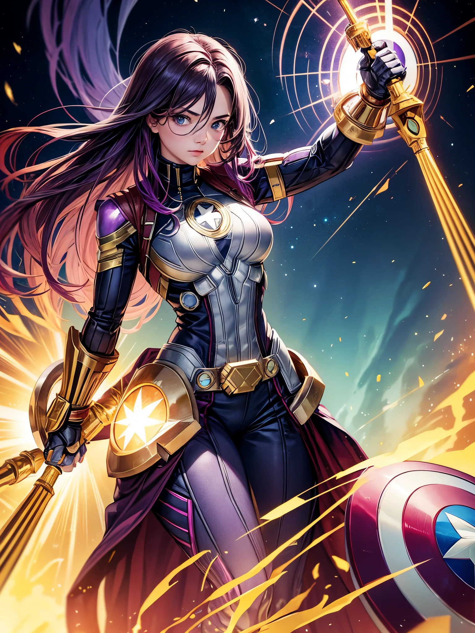 Create a female Thanos with the Infinity Gauntlet wearing Tony Stark's costume and Captain America's shield